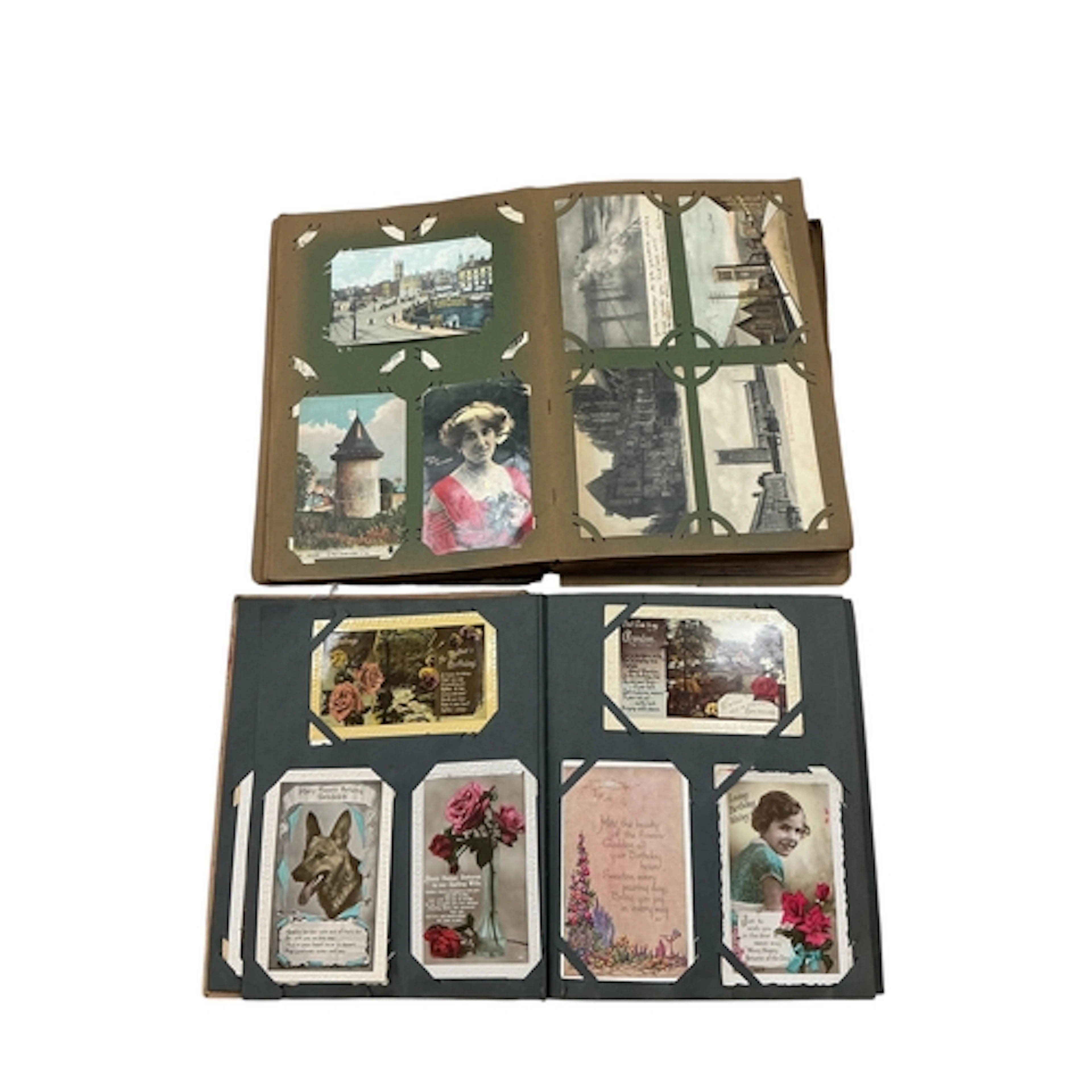 Two albums of Edwardian and later coloured and monochrome po...