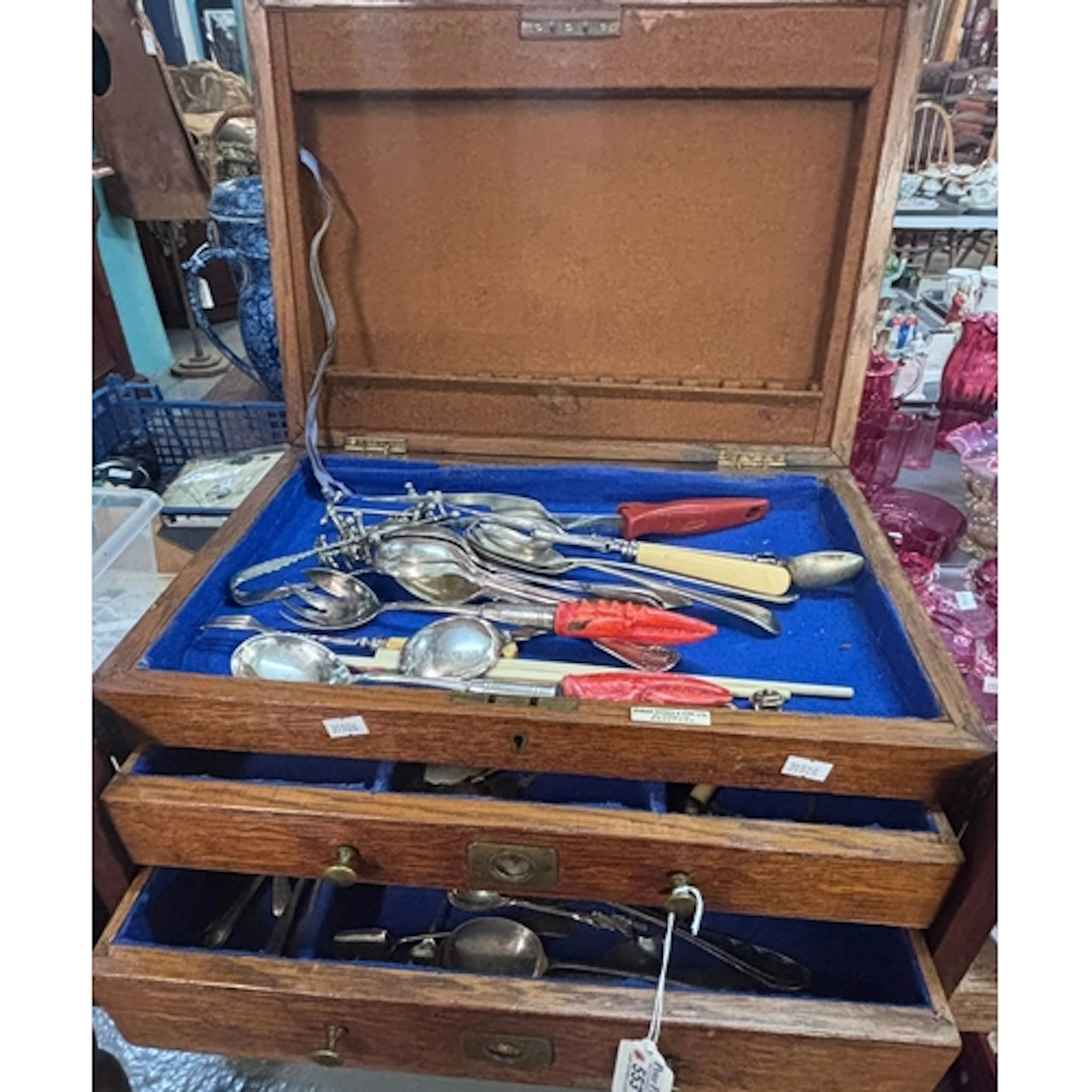 Late 19th/early 20th century oak two drawer cutlery box with...