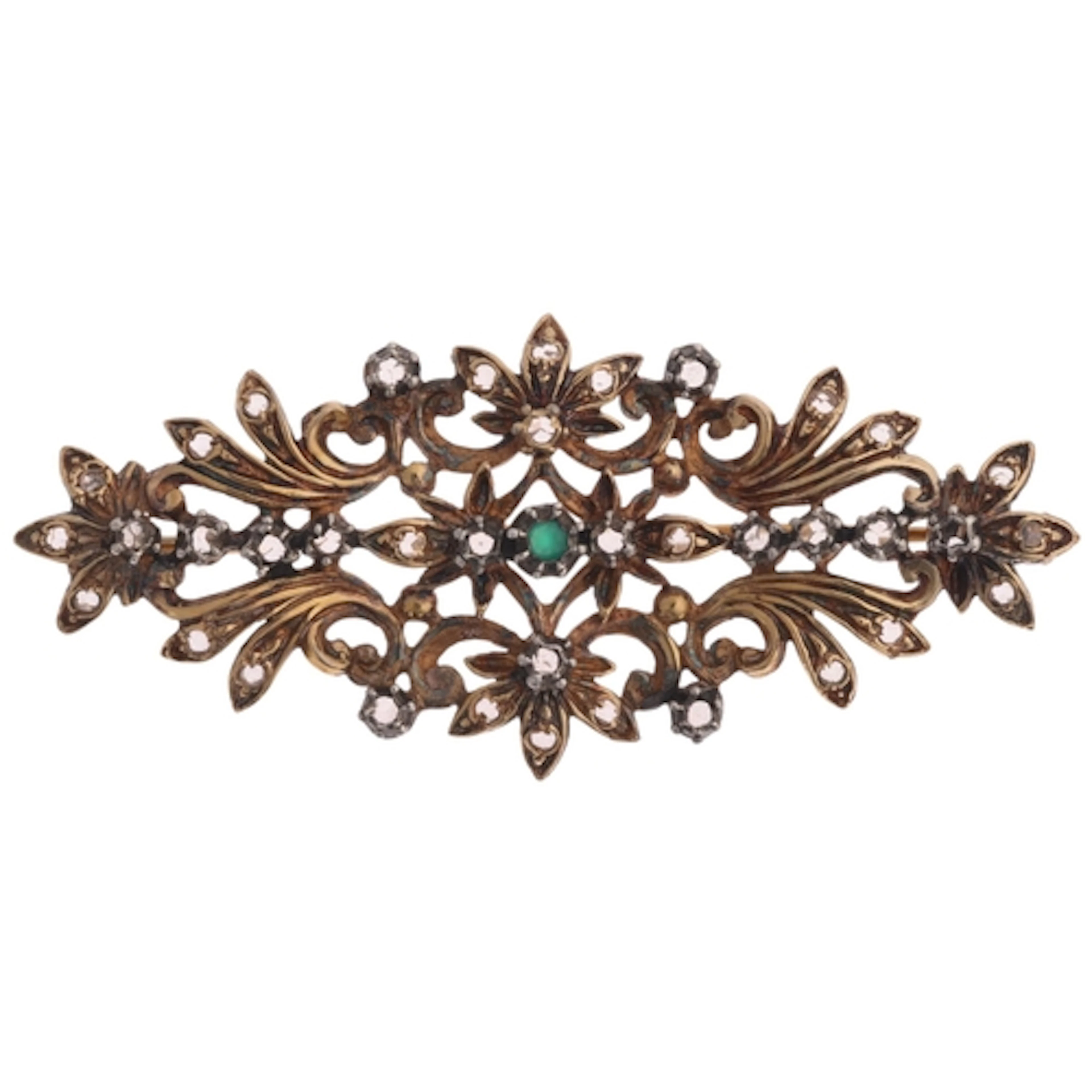 A Georgian style emerald and diamond foliate openwork brooch...