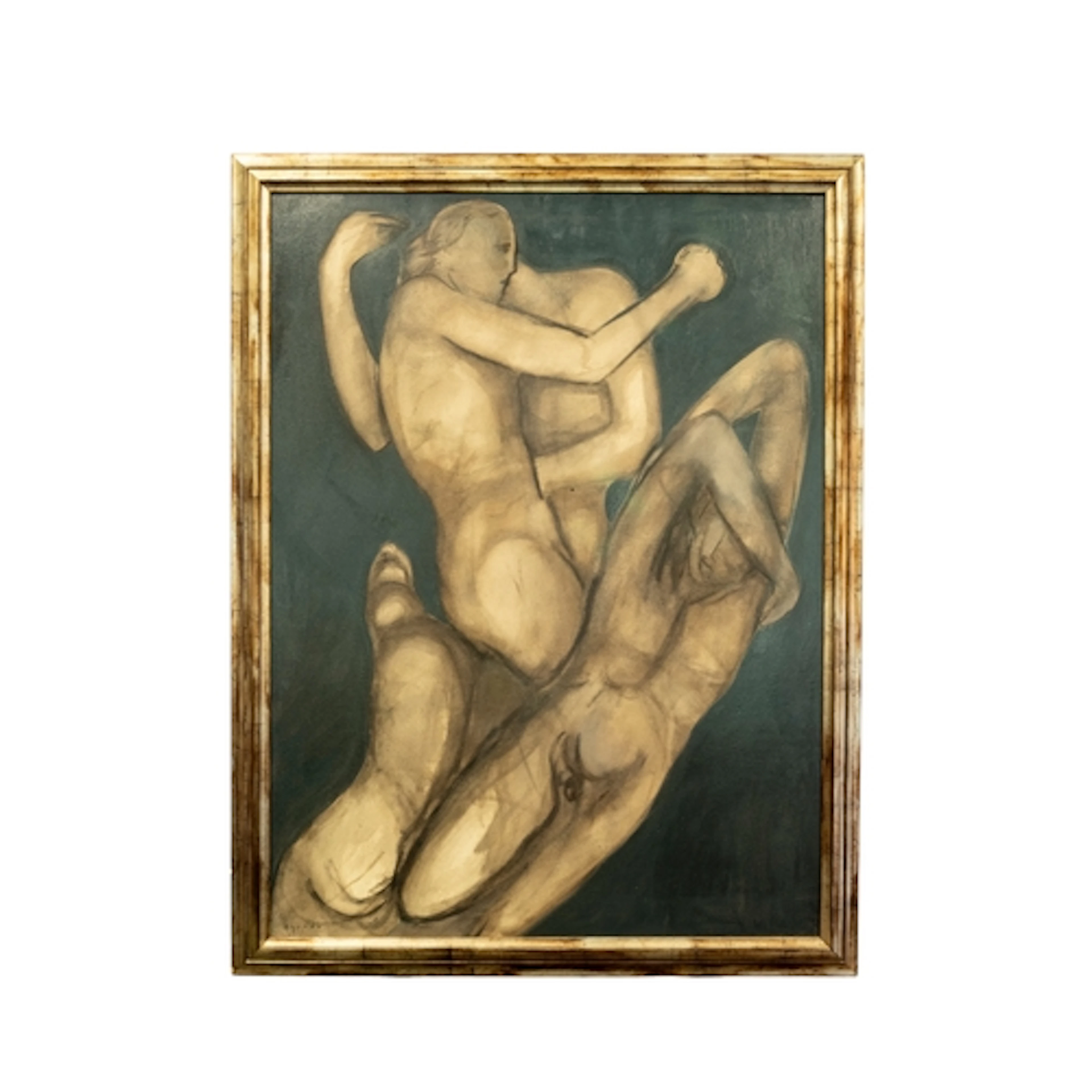 A LARGE NUDE STUDY OIL ON CANVAS depicting four intertwining...