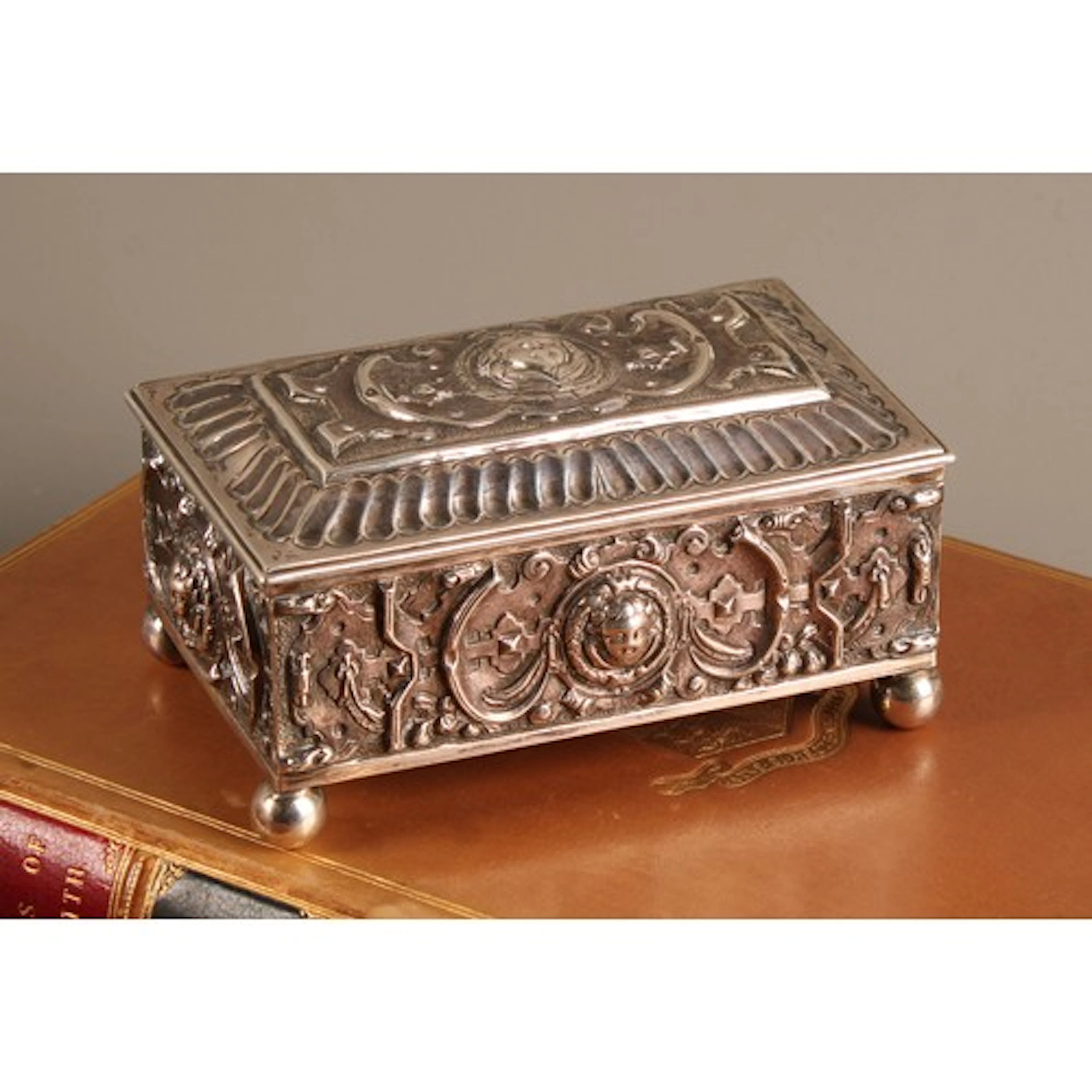 A Victorian silver rectangular vesta box, cast in the Renais...