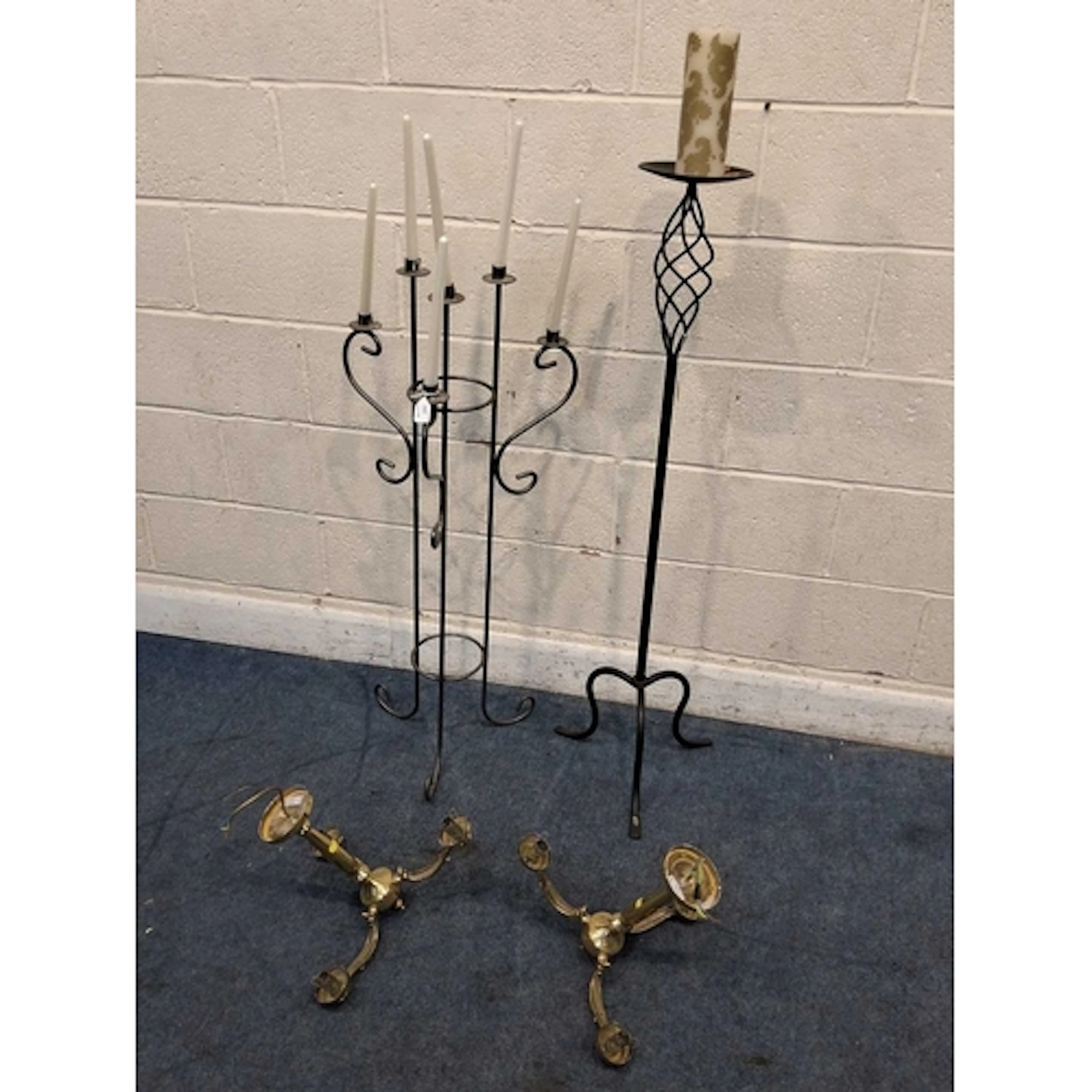 A MODERN METAL CANDELABRA, a candle stand, along with a pair...