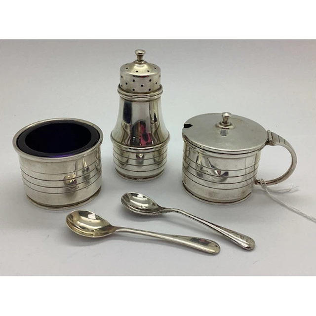 An Art Deco Hallmarked Silver Three Piece Cruet Set, Birming...