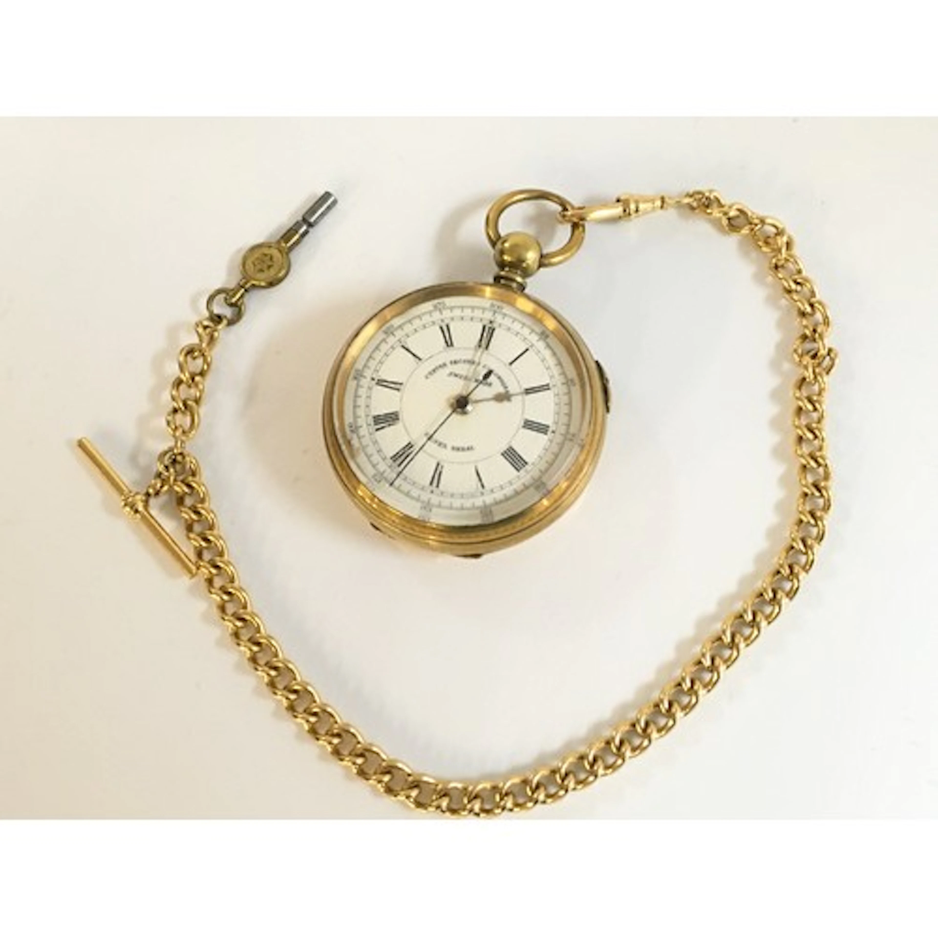 Gold plated pocket watch, centre seconds chronograph “silver...