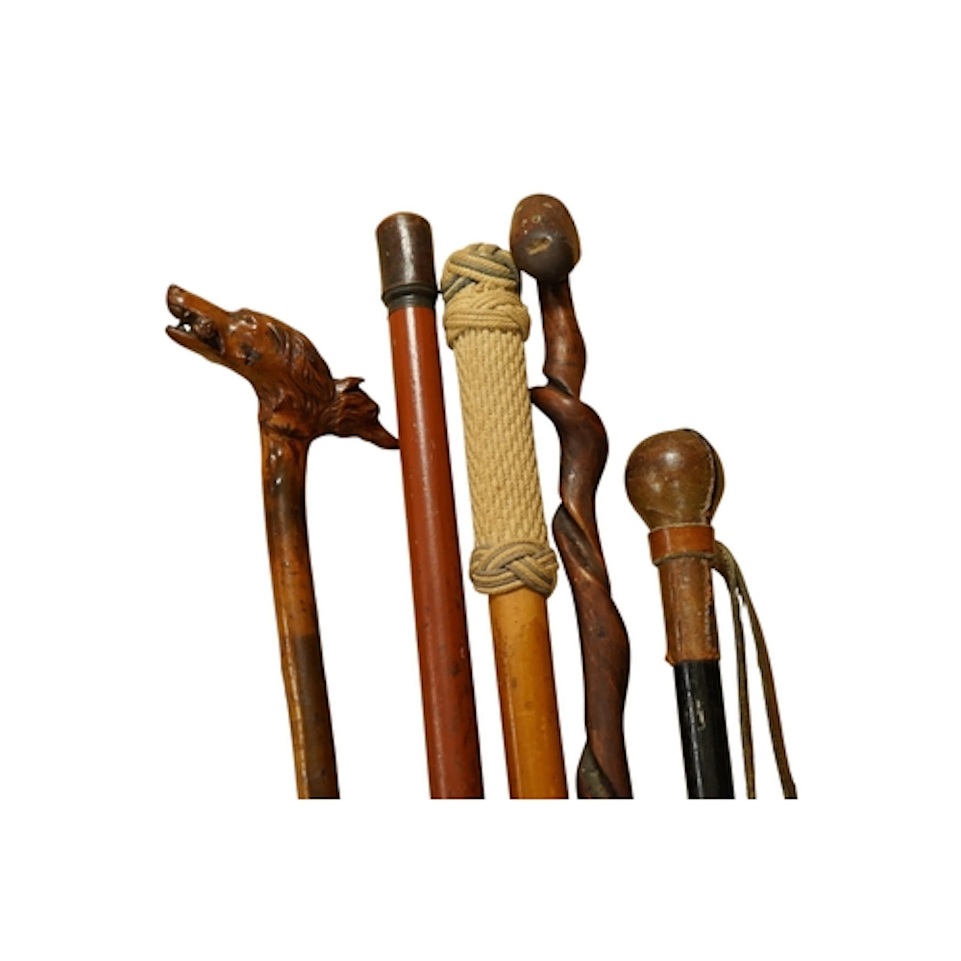 A collection of five walking sticks, one with the handle mod...