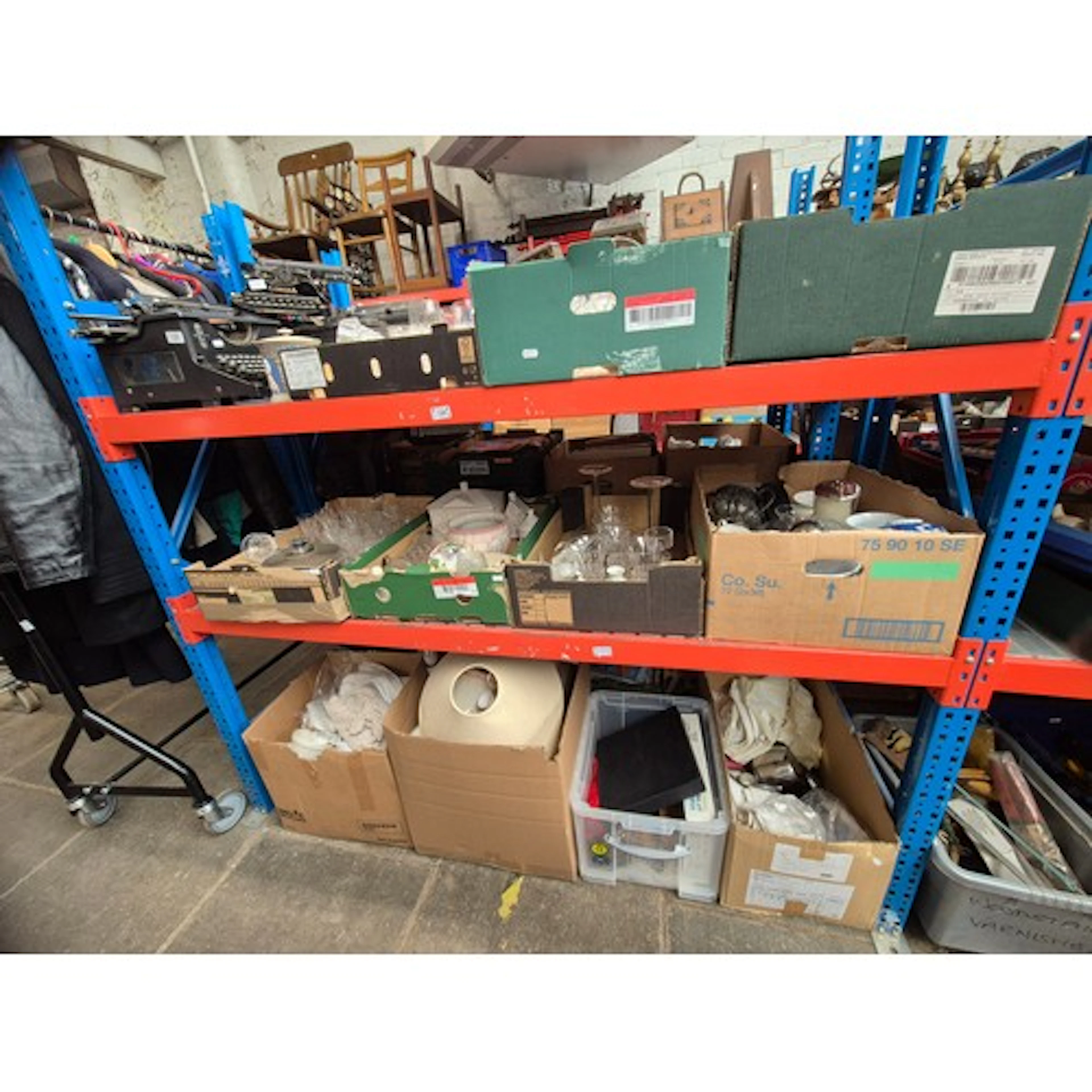 11 boxes of mixed items including ceramics, glass, table lam...