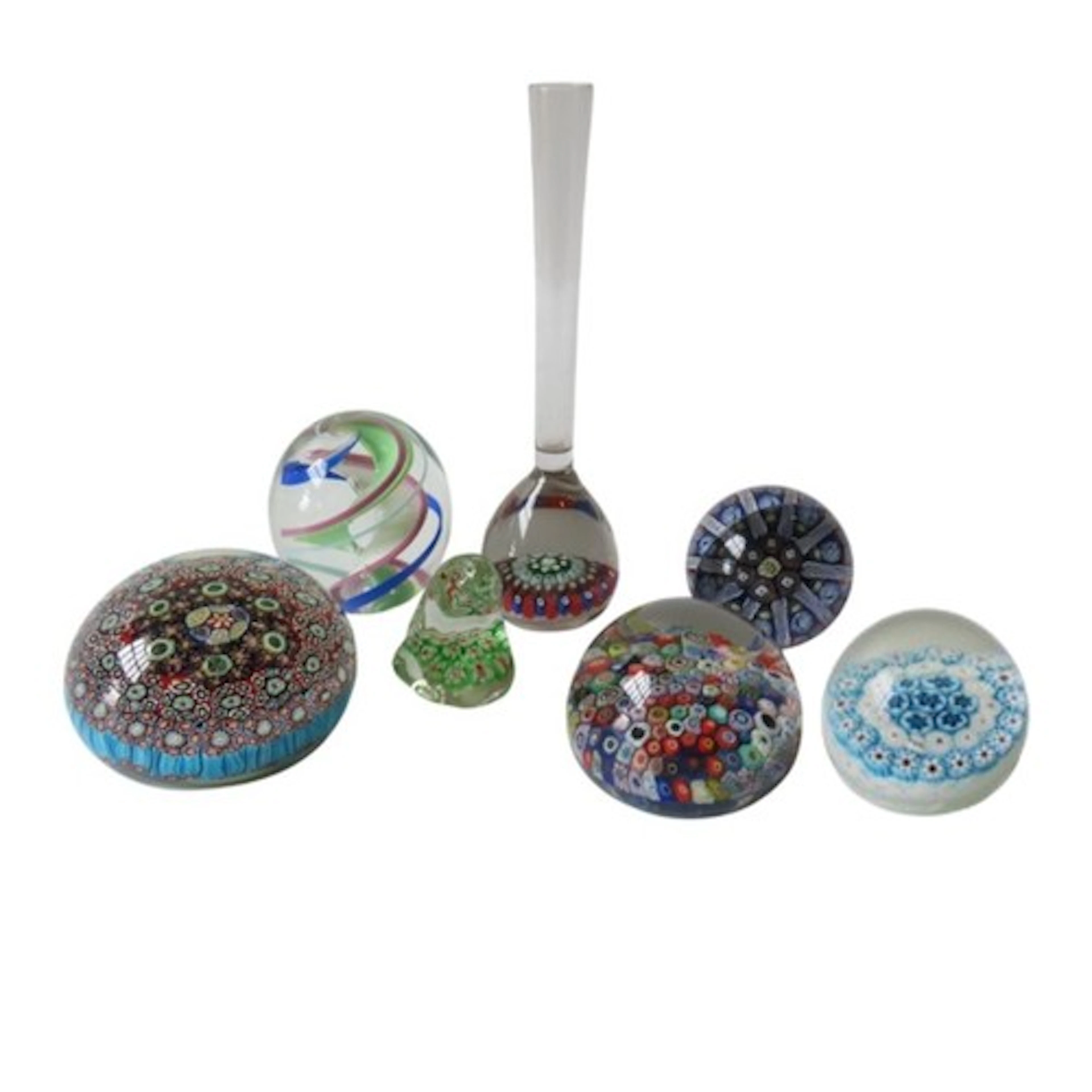 TWO VINTAGE MURANO MILLEFIORE GLASS PAPERWEIGHTS 8.5 cm diam...
