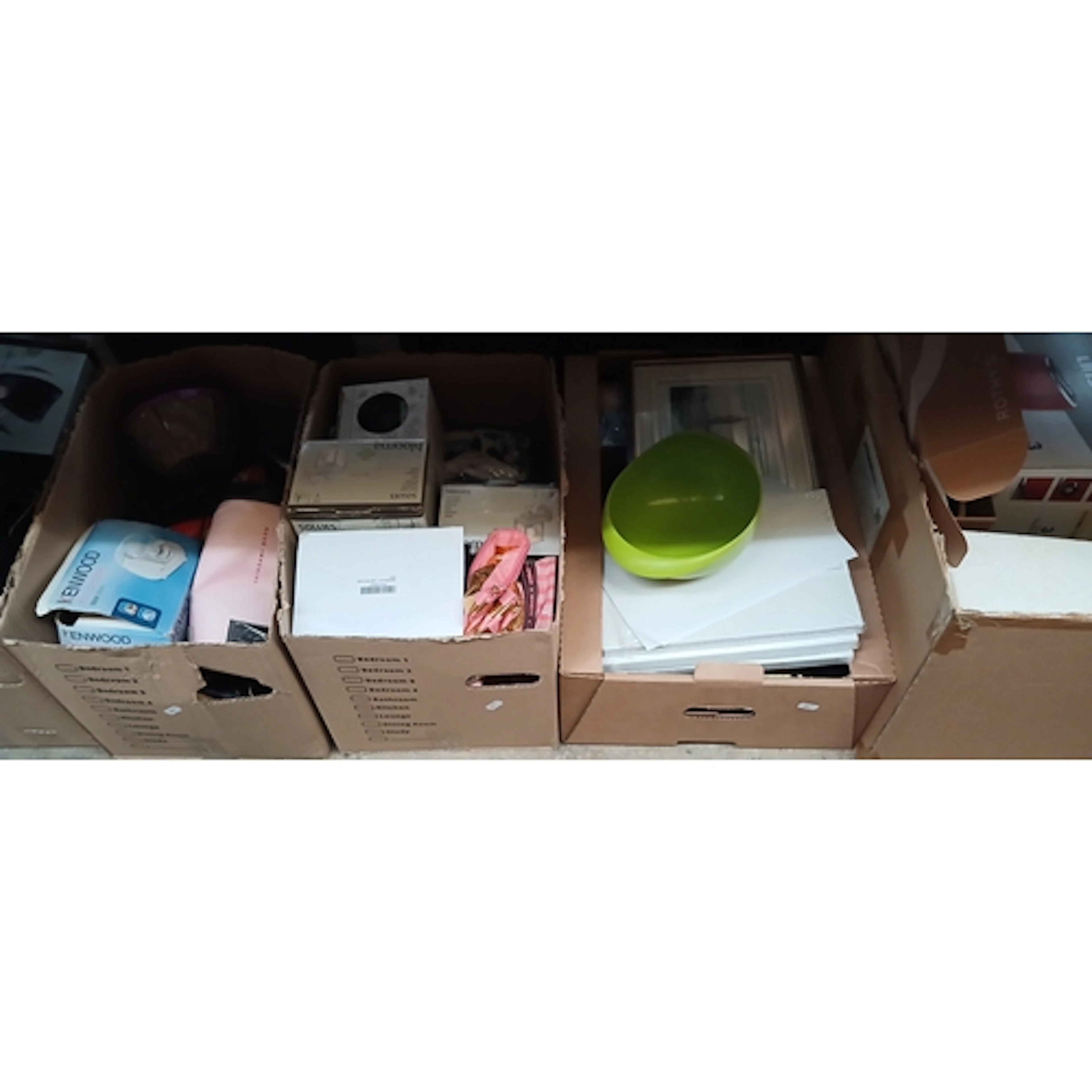 5 boxes of mixed items to include toaster, microscope, shoes...