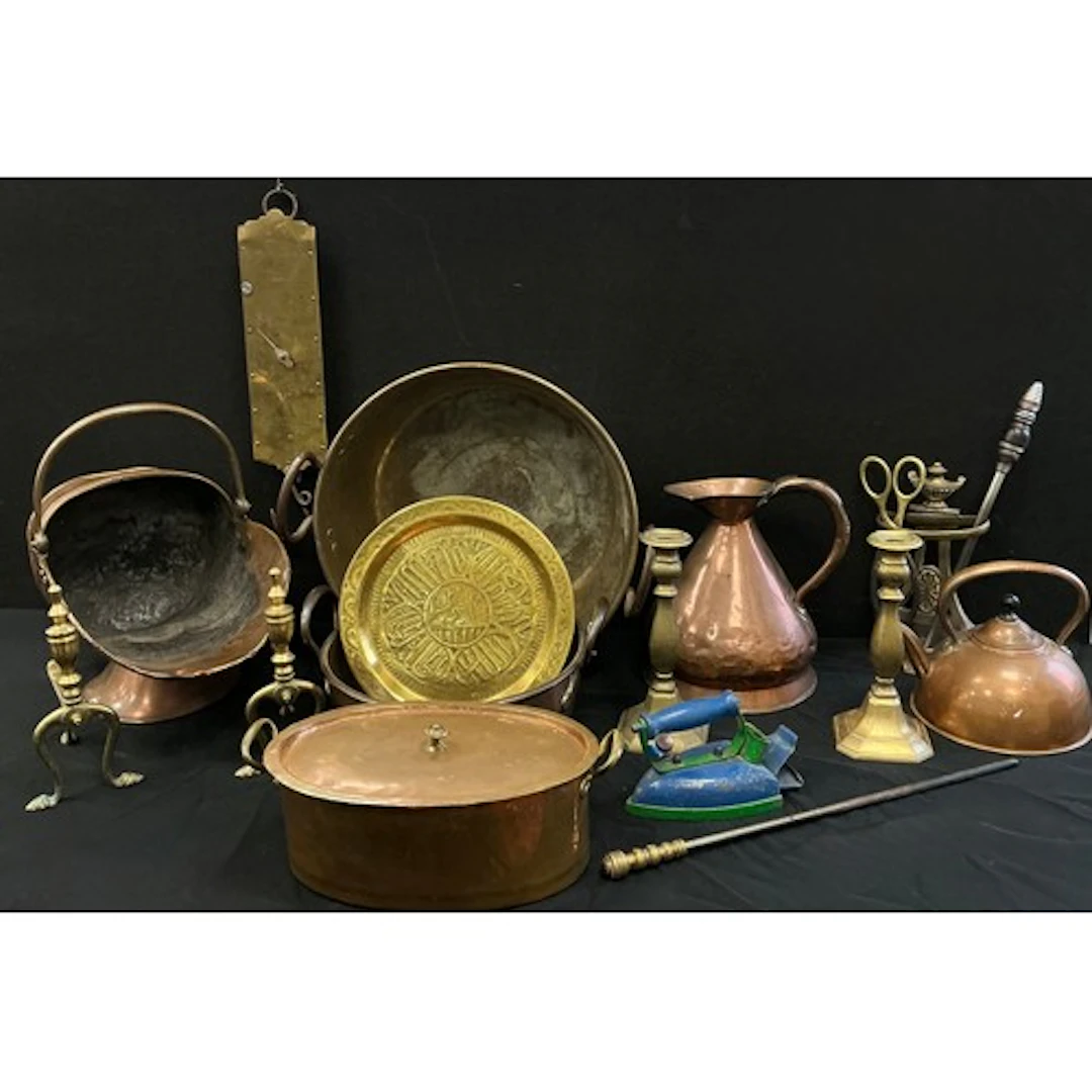 Brassware - a large brass jam pot with riveted handles to si...