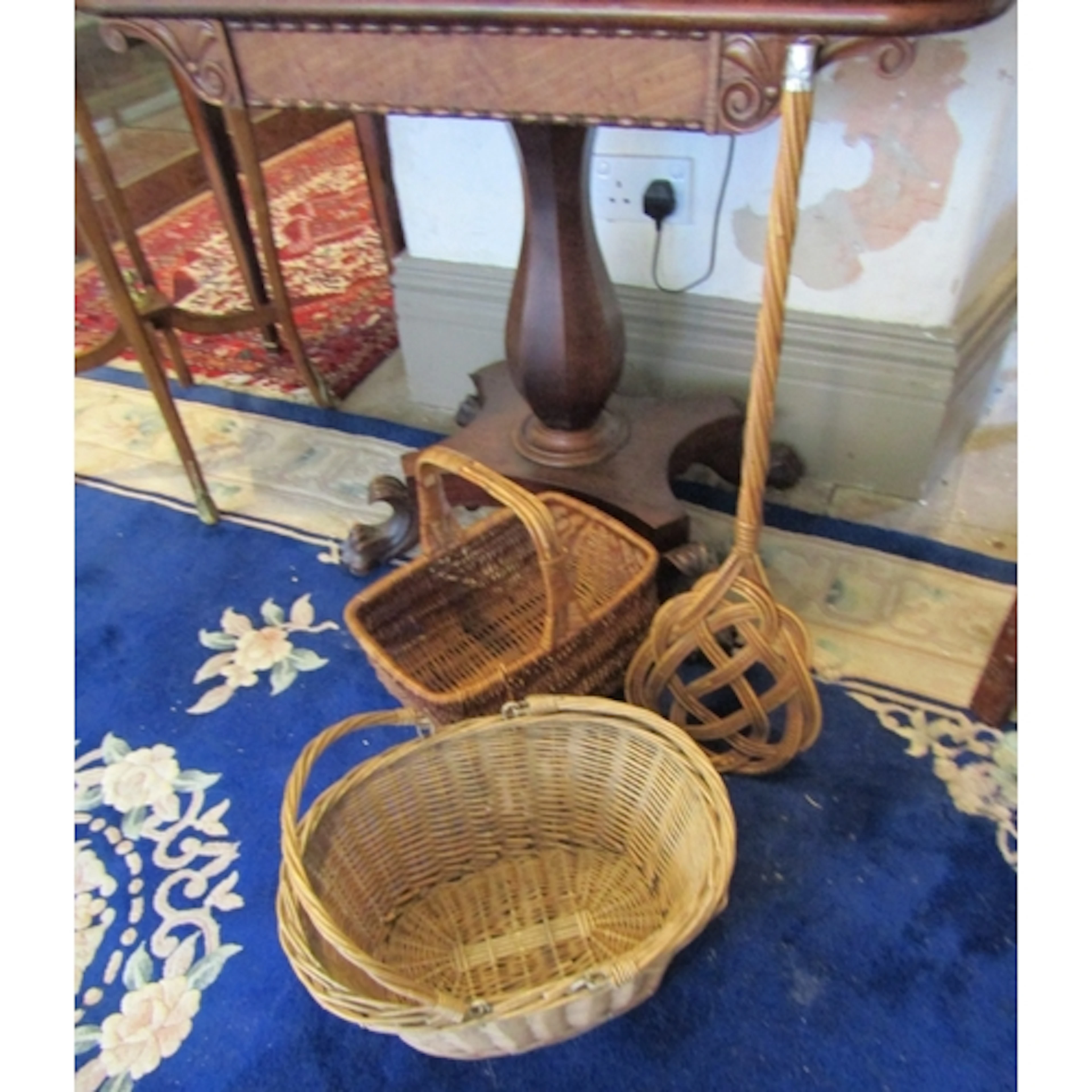 Vintage Wicker Carpet Beater and Two Wicker Baskets