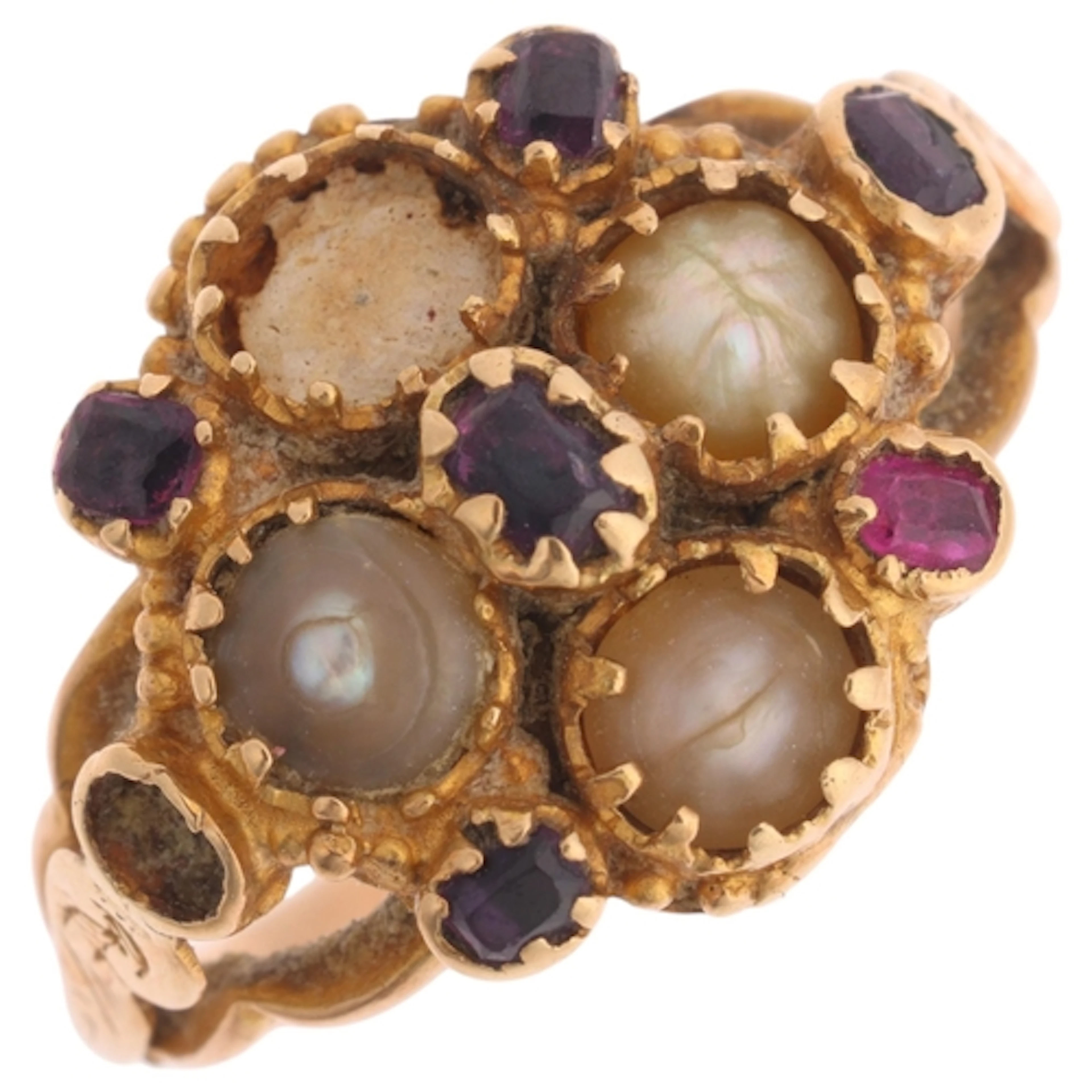 An Antique Victorian 15ct gold ruby and pearl cluster mourni...