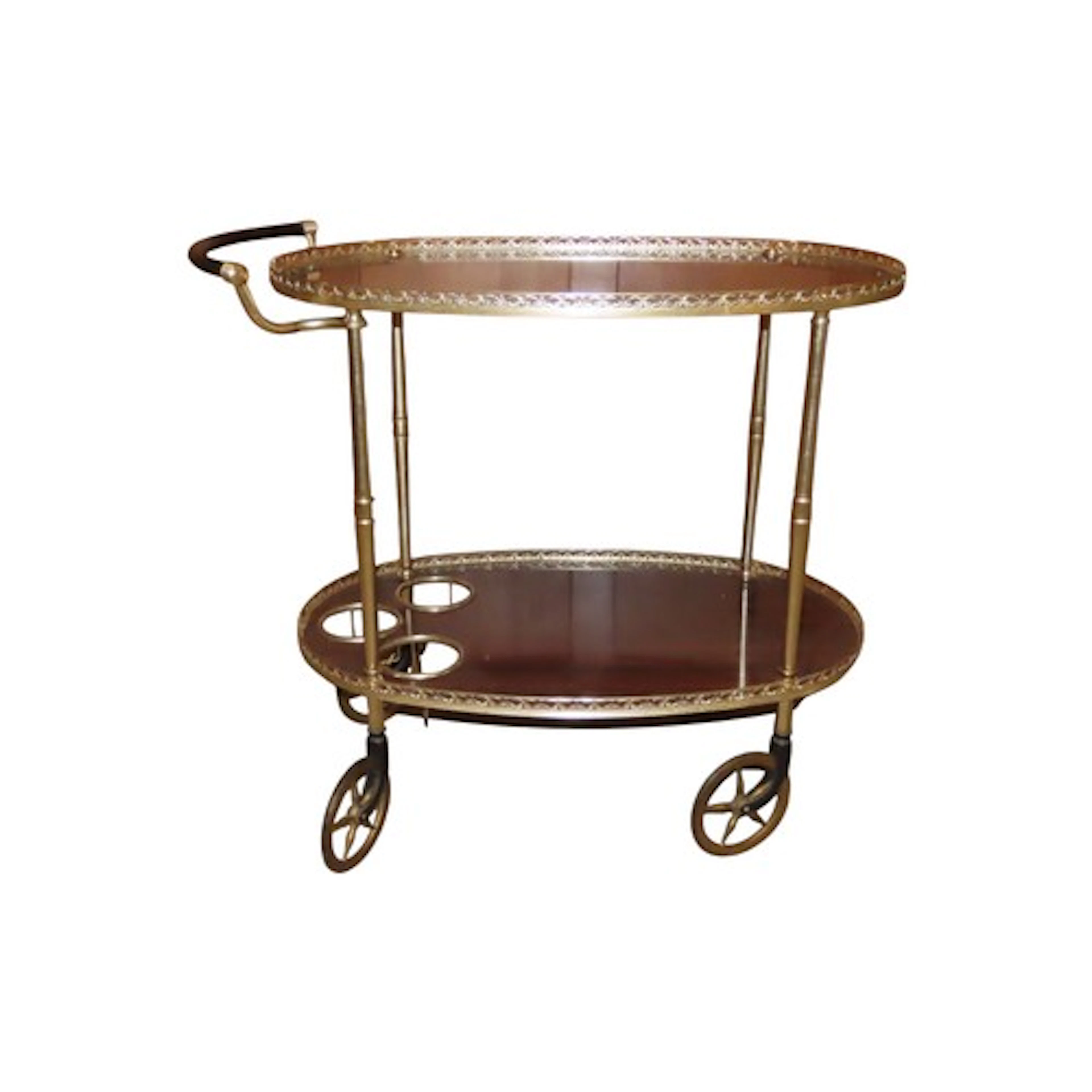 A reproduction mid-20th-century style drinks trolley, of two...
