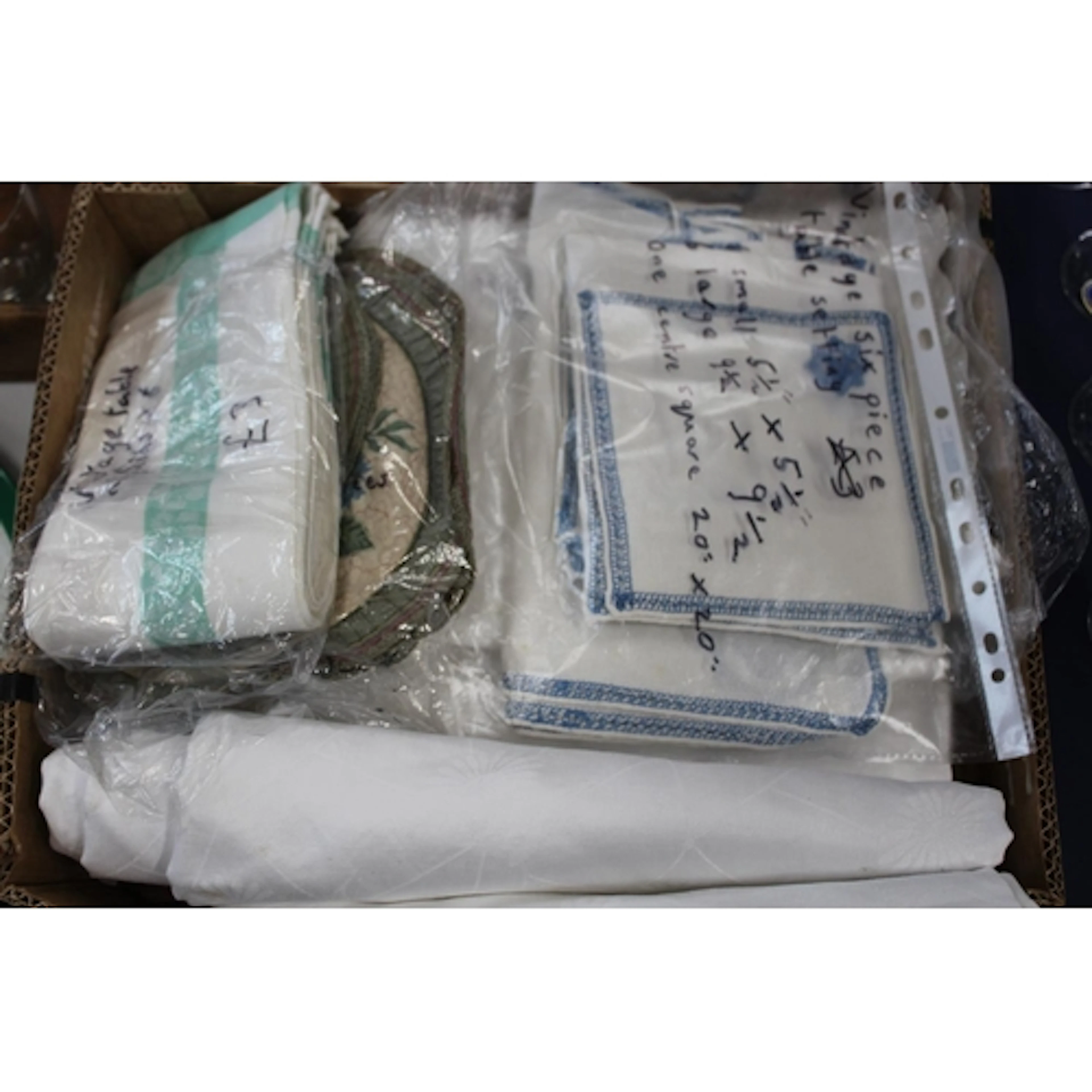 Linen and napery including tablecloths, dressing table sets,...