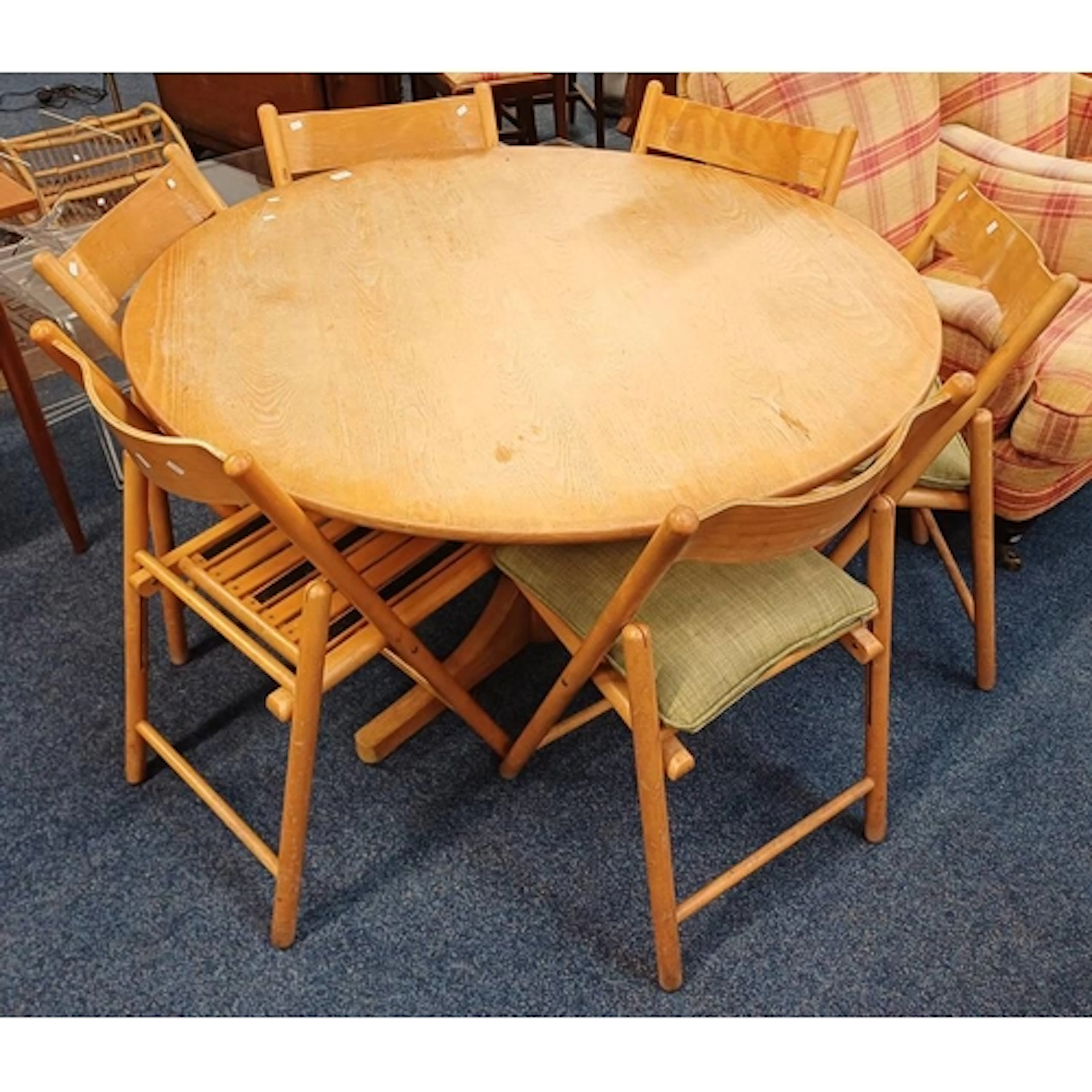 OAK CIRCULAR PEDESTAL BREAKFAST TABLE & SET OF FOLDING DININ...