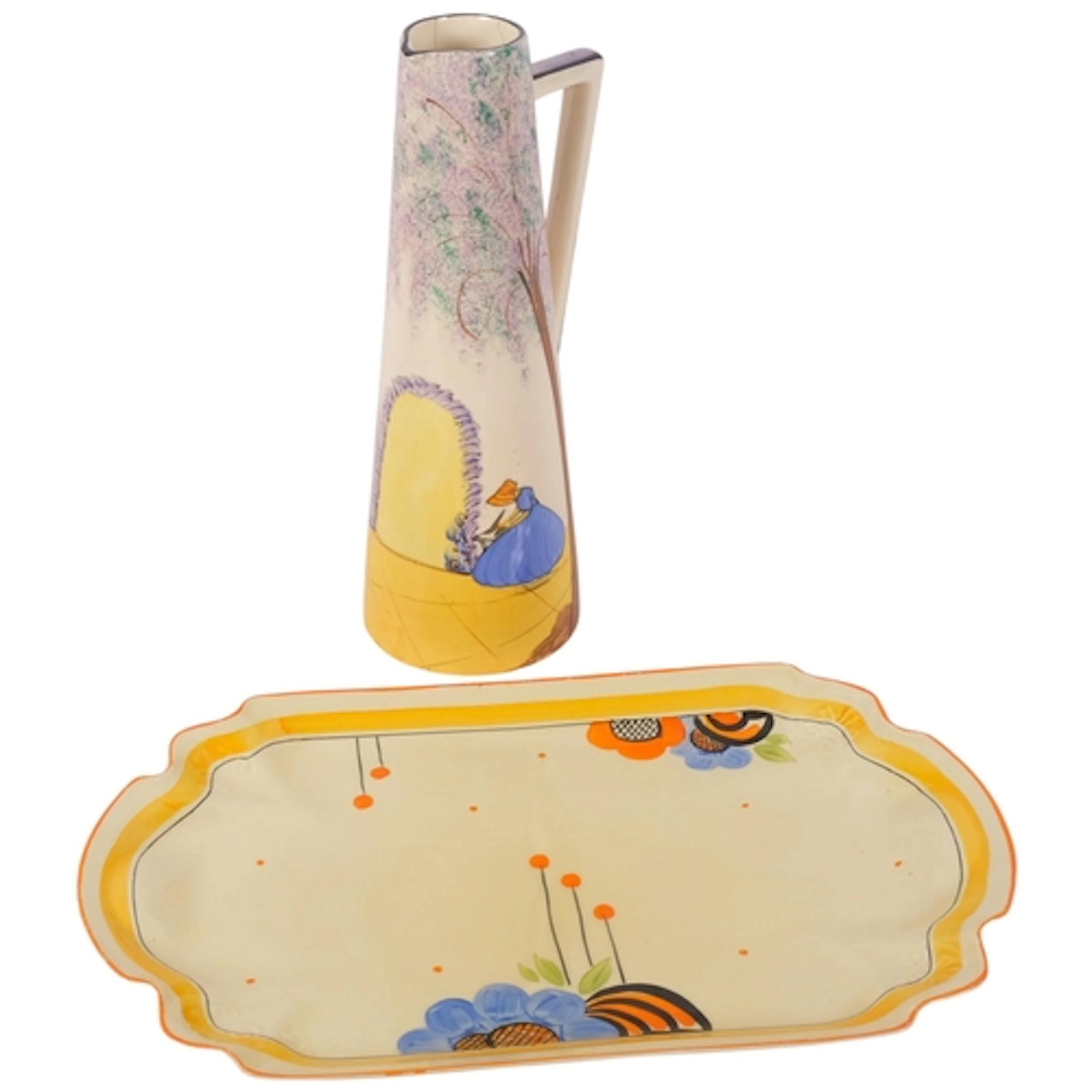 Myott's Art Deco hand-painted plate, 36.5cm across, and a ju...