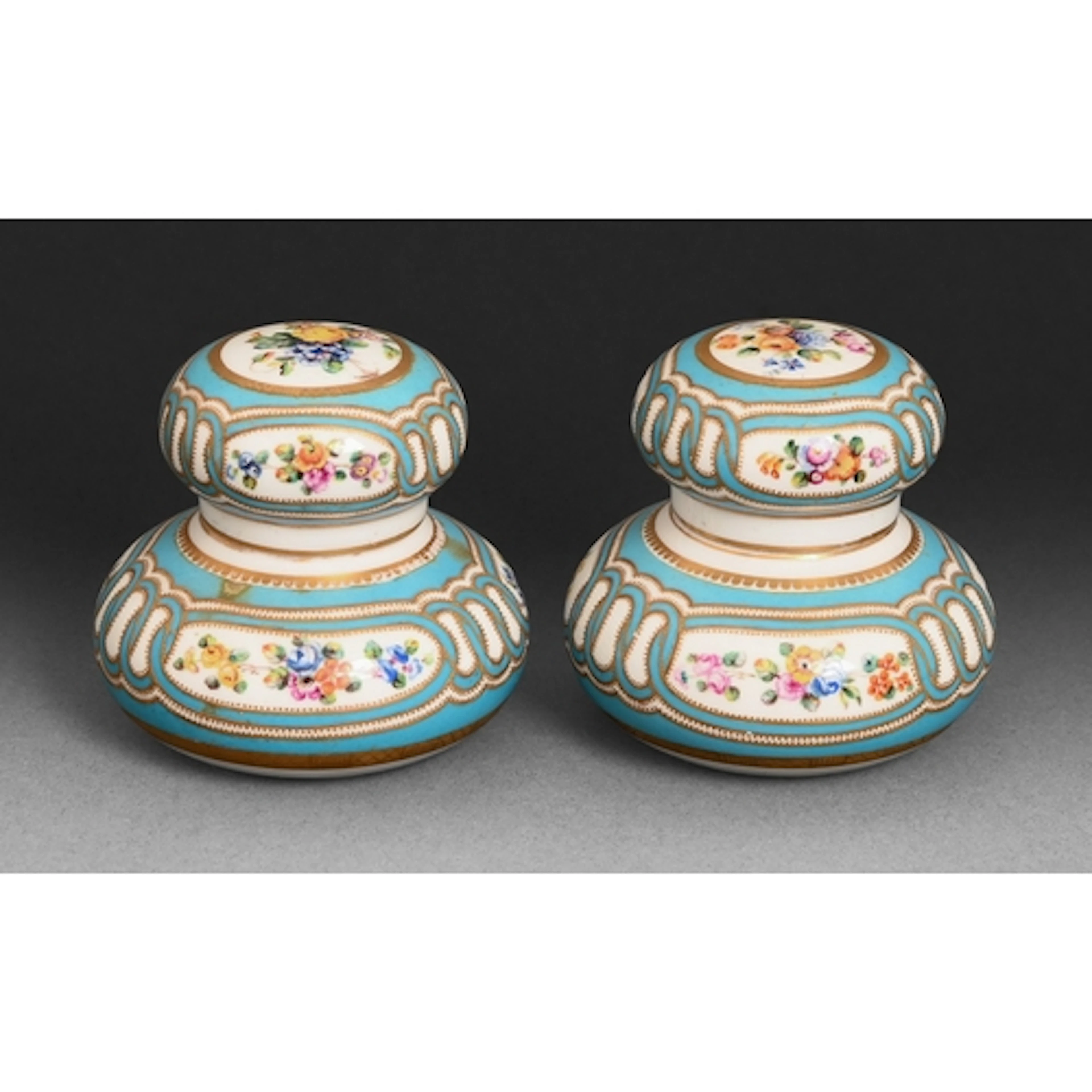 A pair of Coalport 'Coalbrookdale' ink bottles and covers, c...