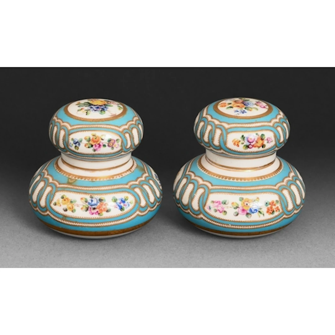 A pair of Coalport 'Coalbrookdale' ink bottles and covers, c...