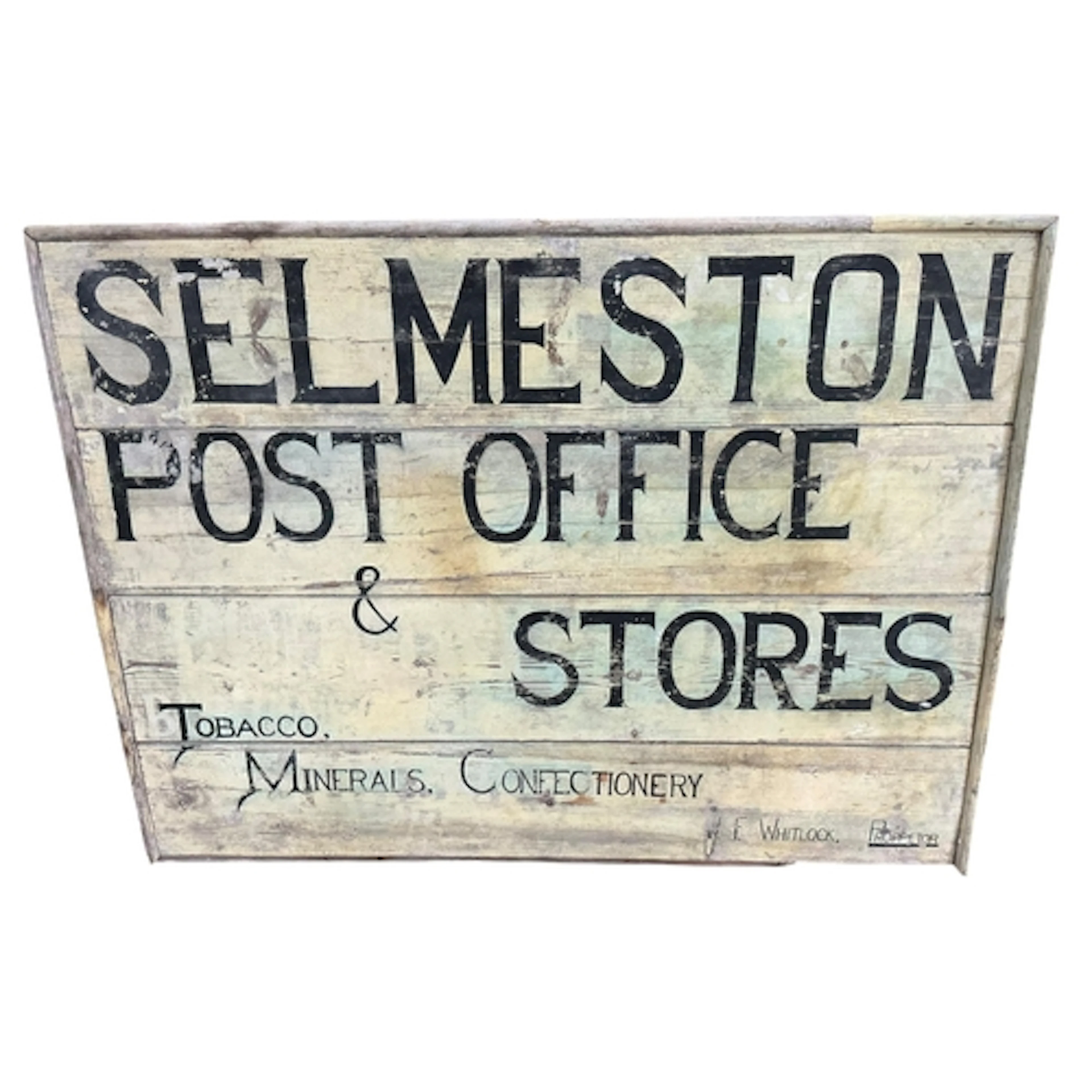 A vintage painted wood shop sign 'Selmeston Post Office & St...