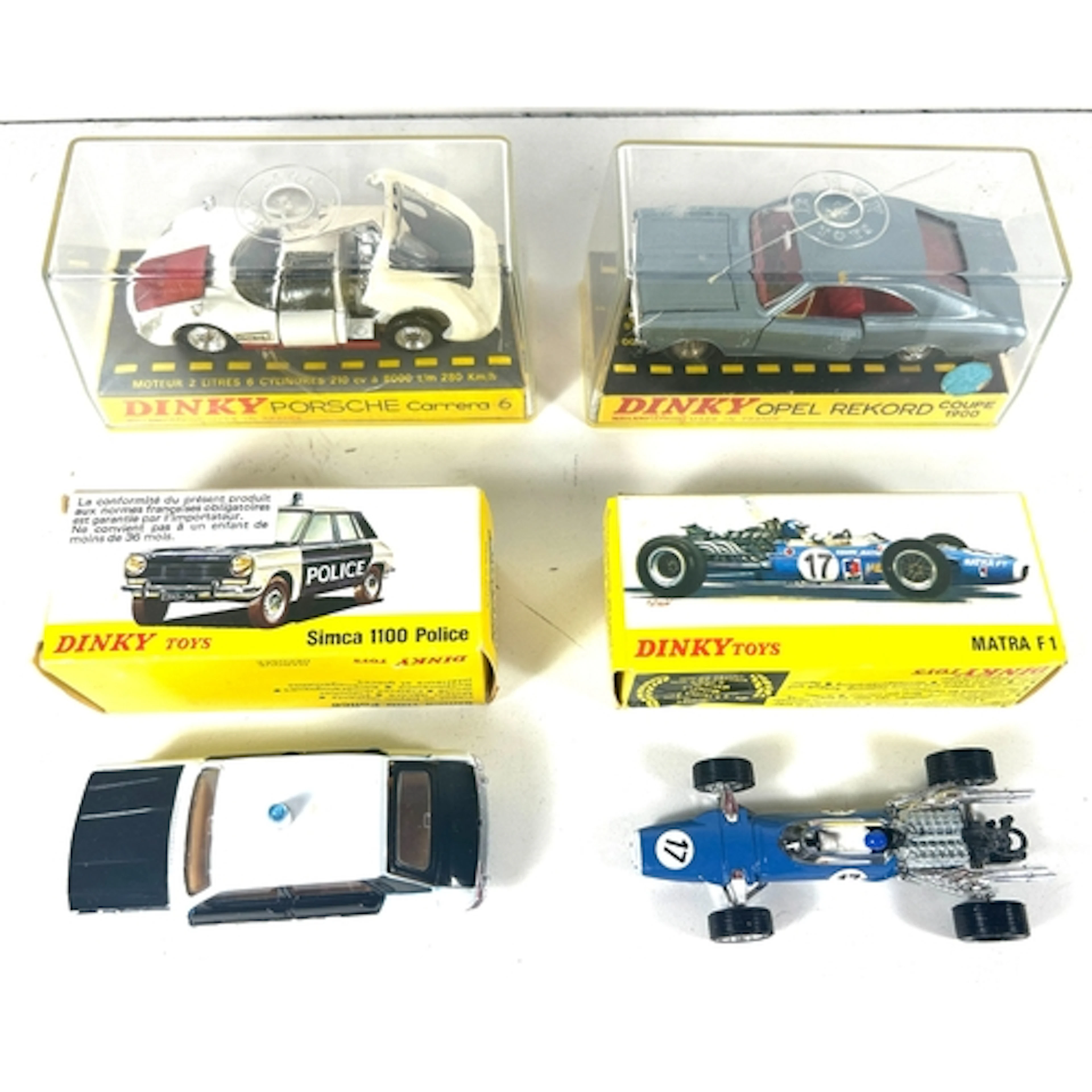 4 French Dinky Toys. Porsche Carrera 6 (503). Opel Record Co...