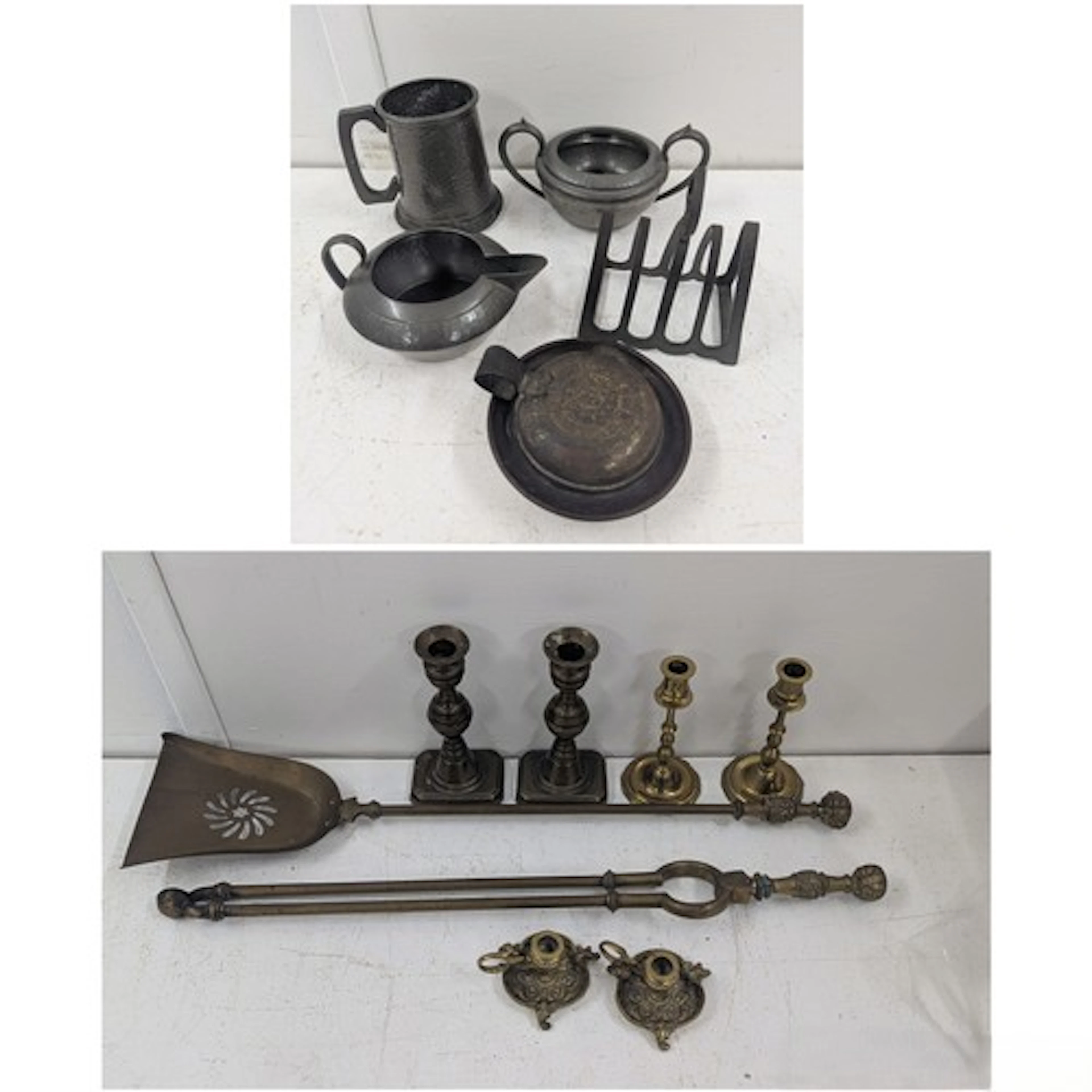 A small group of pewter items to include a tankard, twin han...