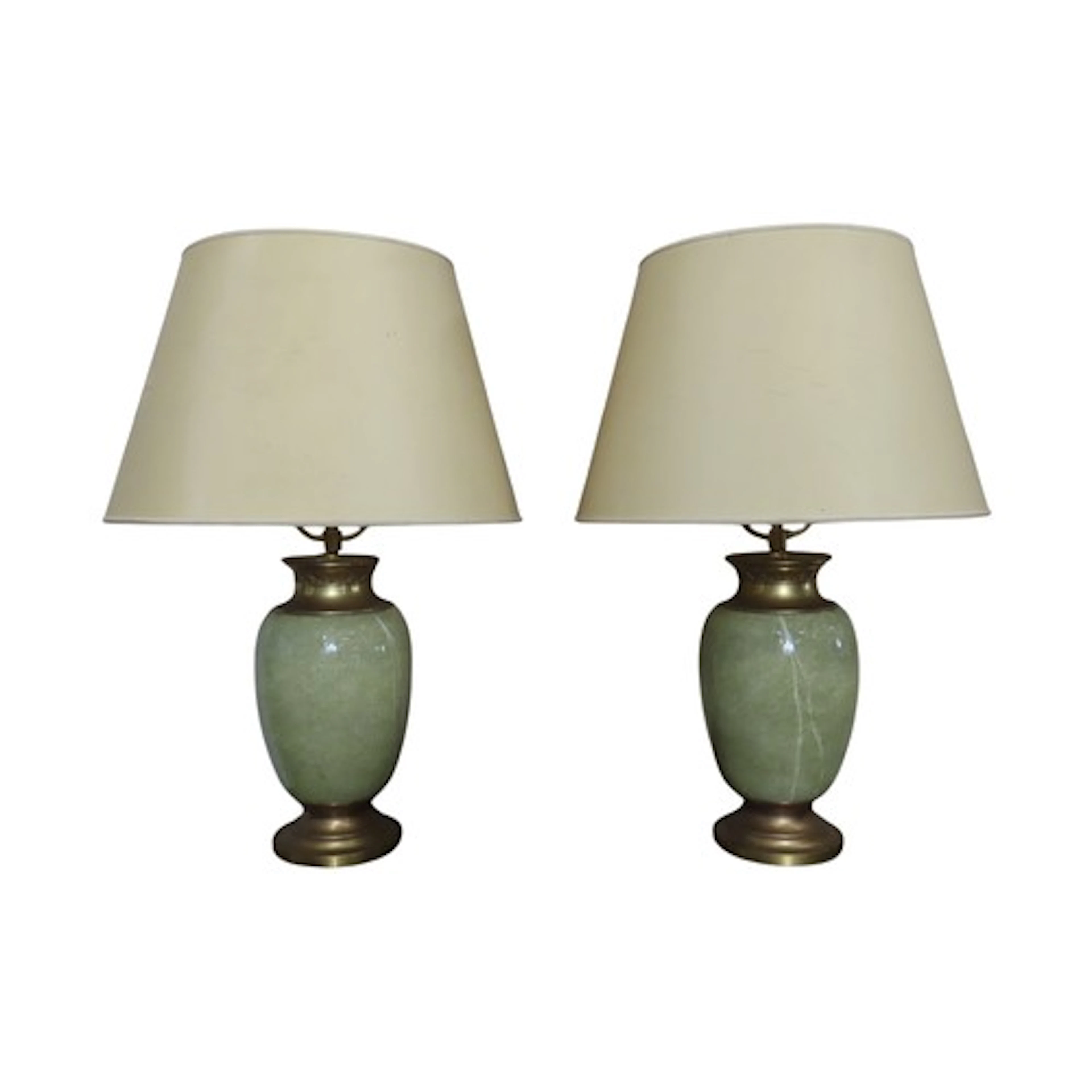 A pair of oviform table lamps with green glazed ceramic bodi...