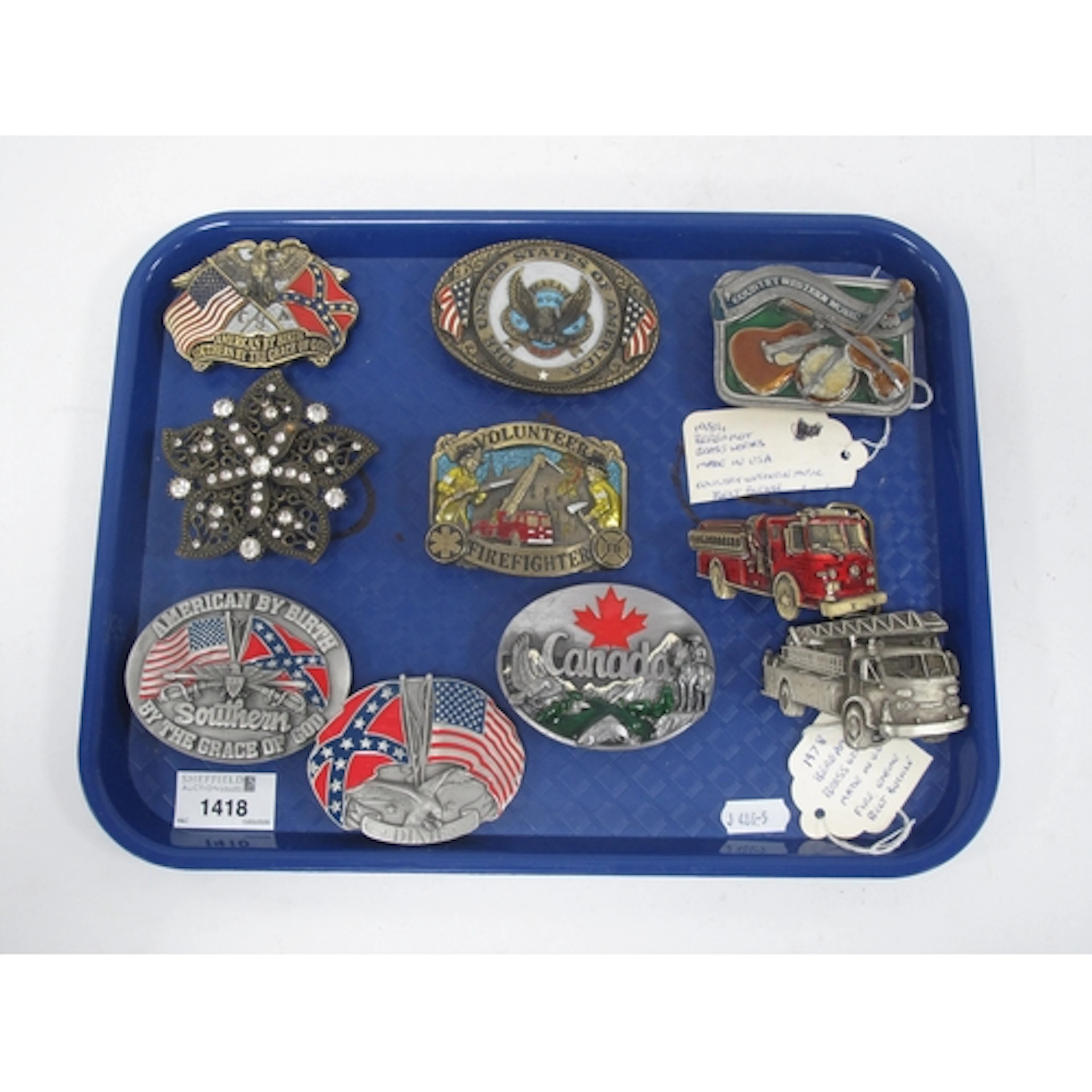 Ten vintage metal buckles including USA 1978 Bergamot Fire E...