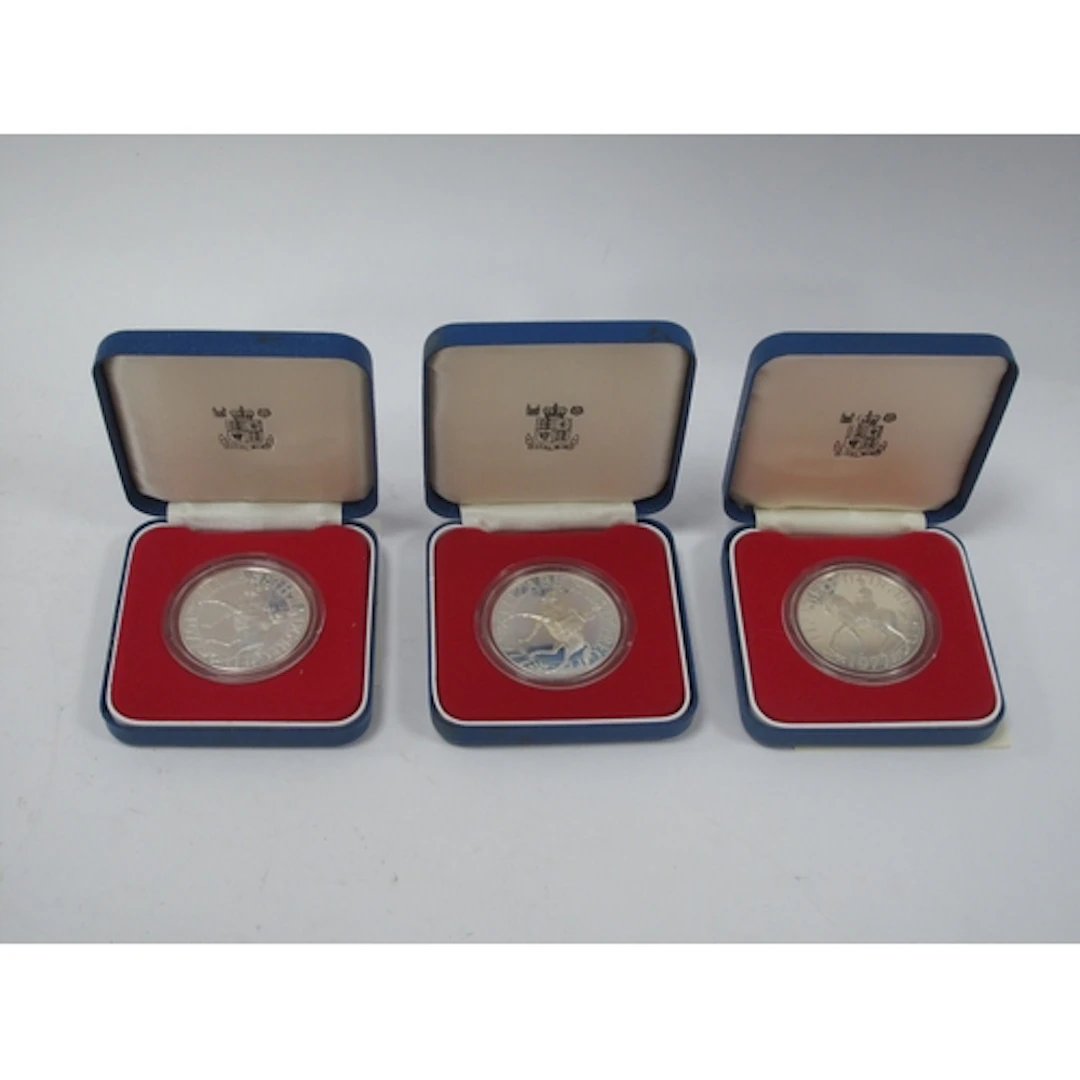 Three Royal Mint 1977 Queen's Silver Jubilee Silver Proof Cr...