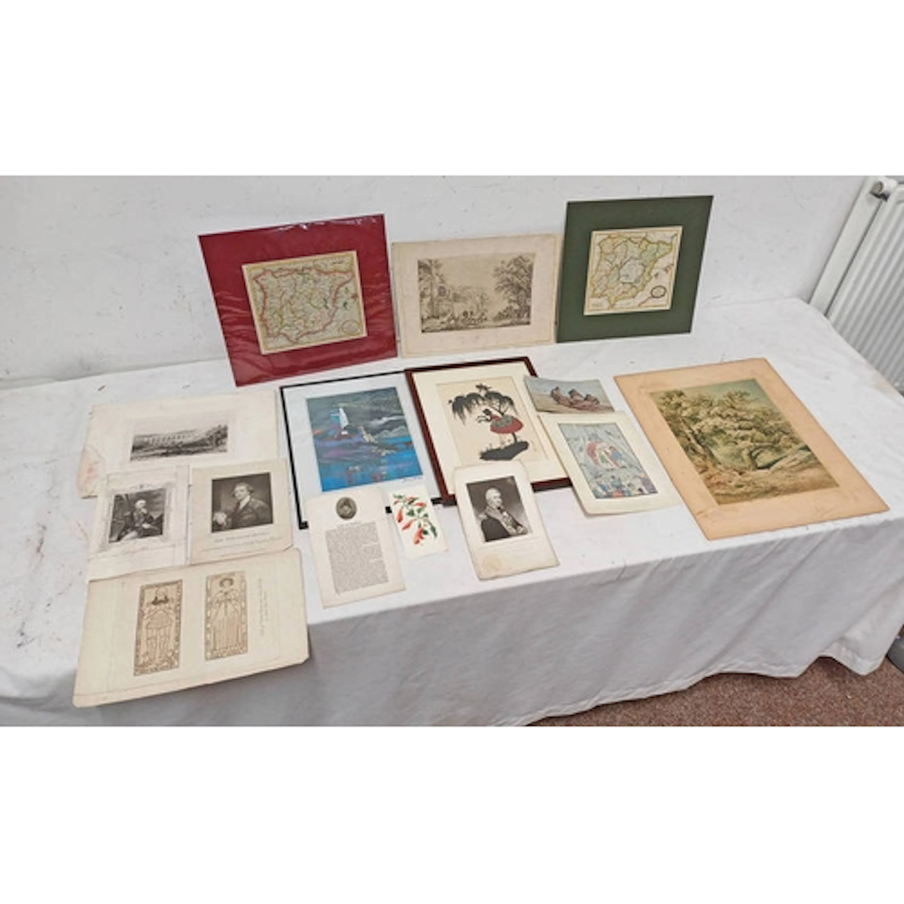 SELECTION OF DRAWINGS, WATERCOLOURS, PRINT AND 2 MAPS CIRCA ...