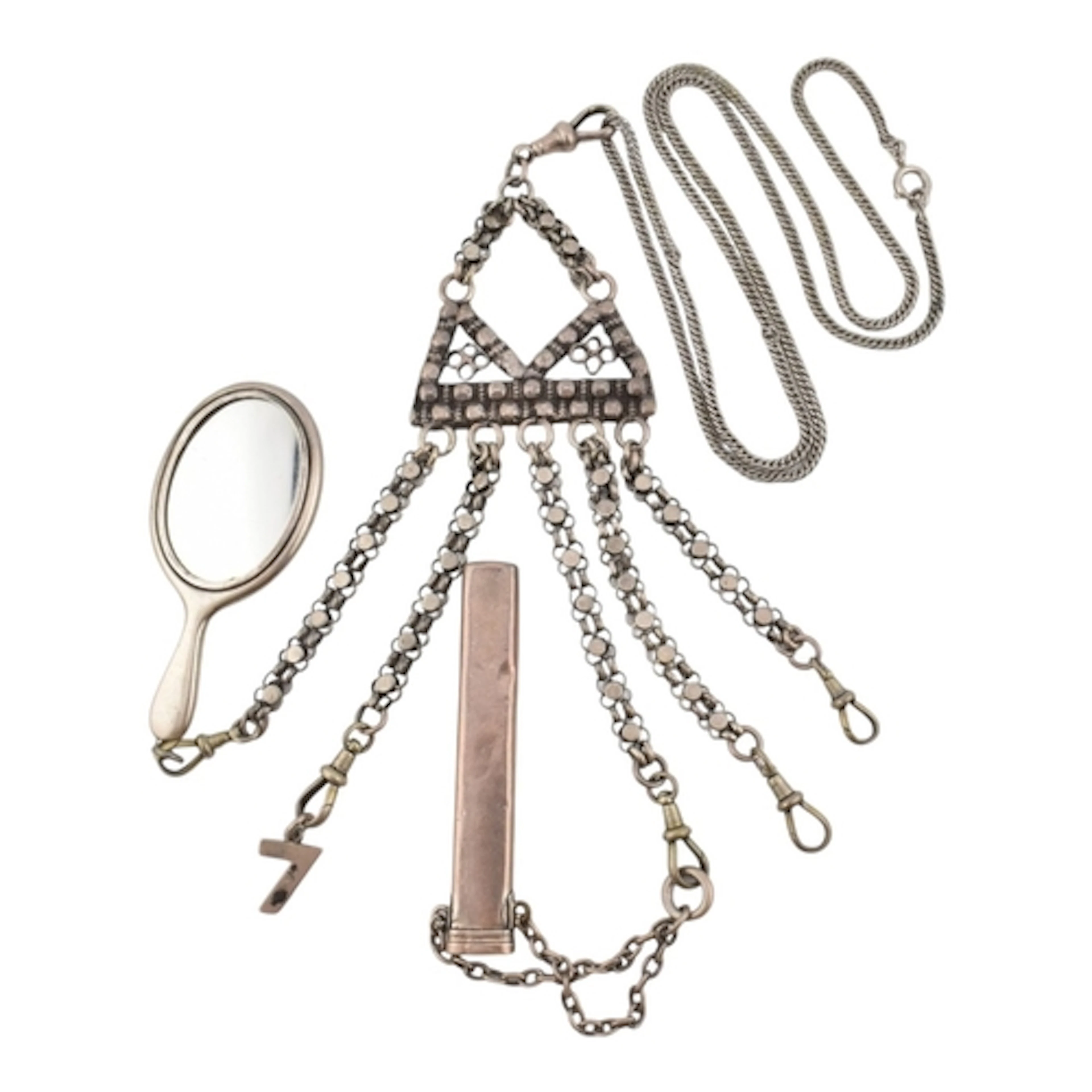 A white metal chatalaine on chain. The chatalaine strung wit...