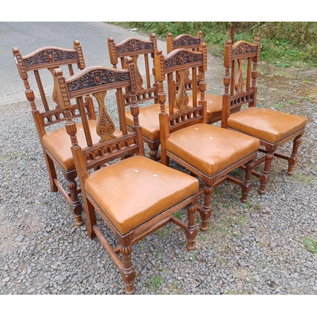 SET OF 6 19TH CENTURY CARVED OAK DINING CHAIRS ON FLUTED RI...