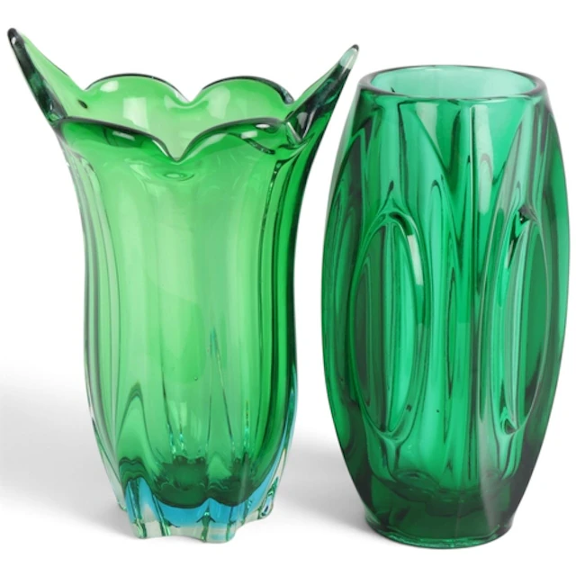 RUDOLF SCHROTTER for Rosice Sklo, a green glass Lens vase, t...