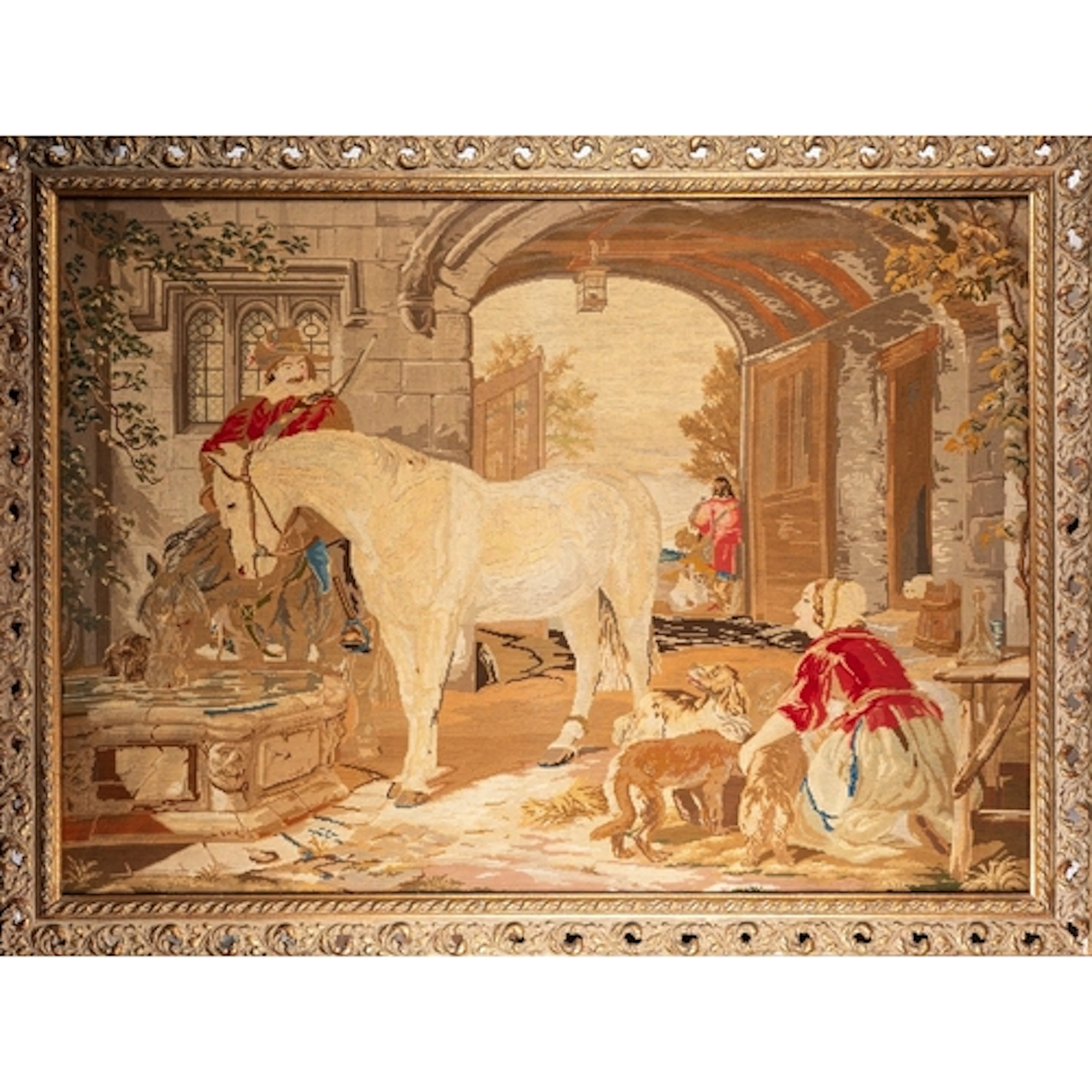 A woolwork embroidered picture of figures in a courtyard wit...