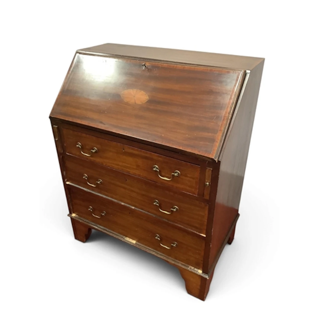 Edwardian Mahogany Bureau with batwing inlay and fall front,...