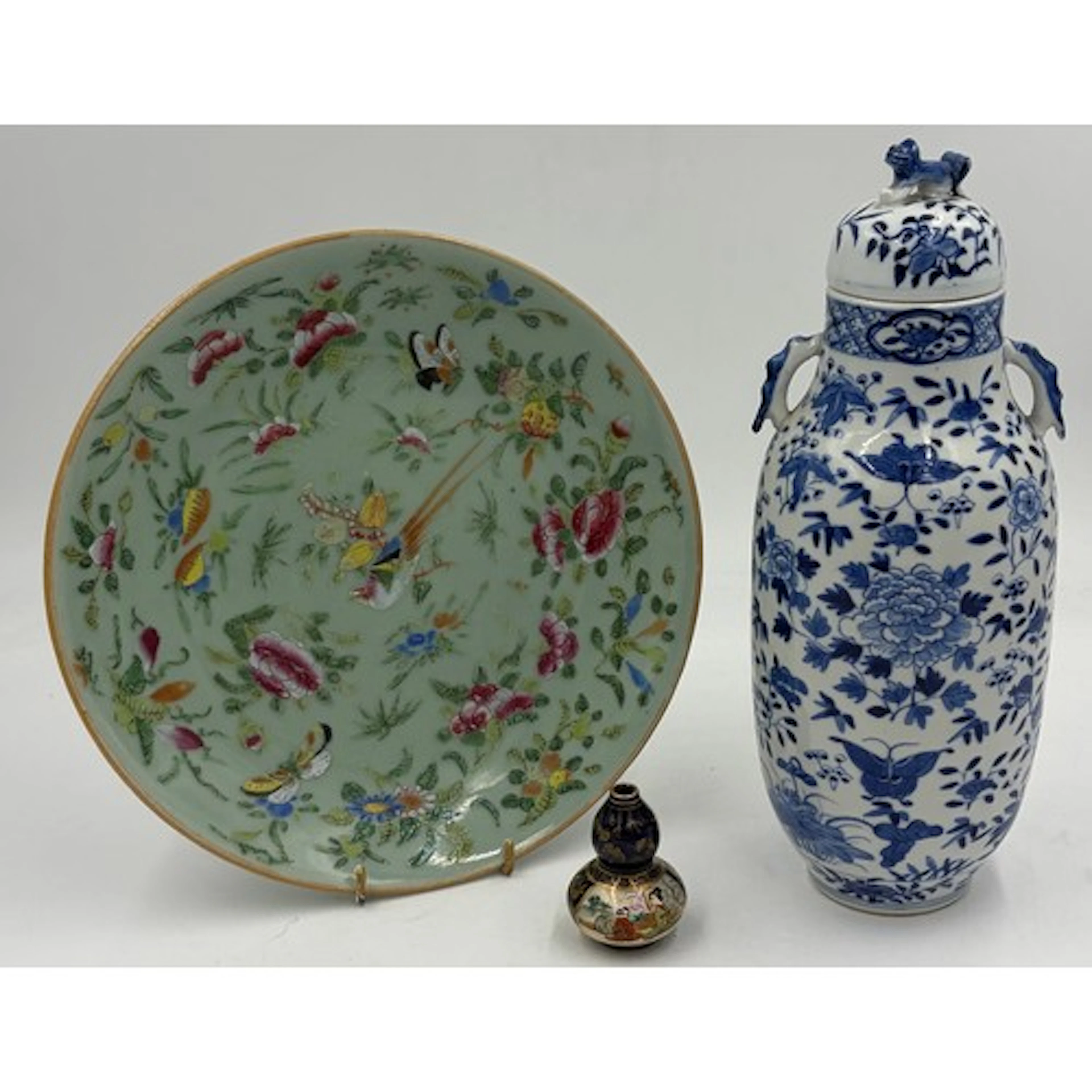 Chinese blue and white porcelain vase and cover, celadon gro...