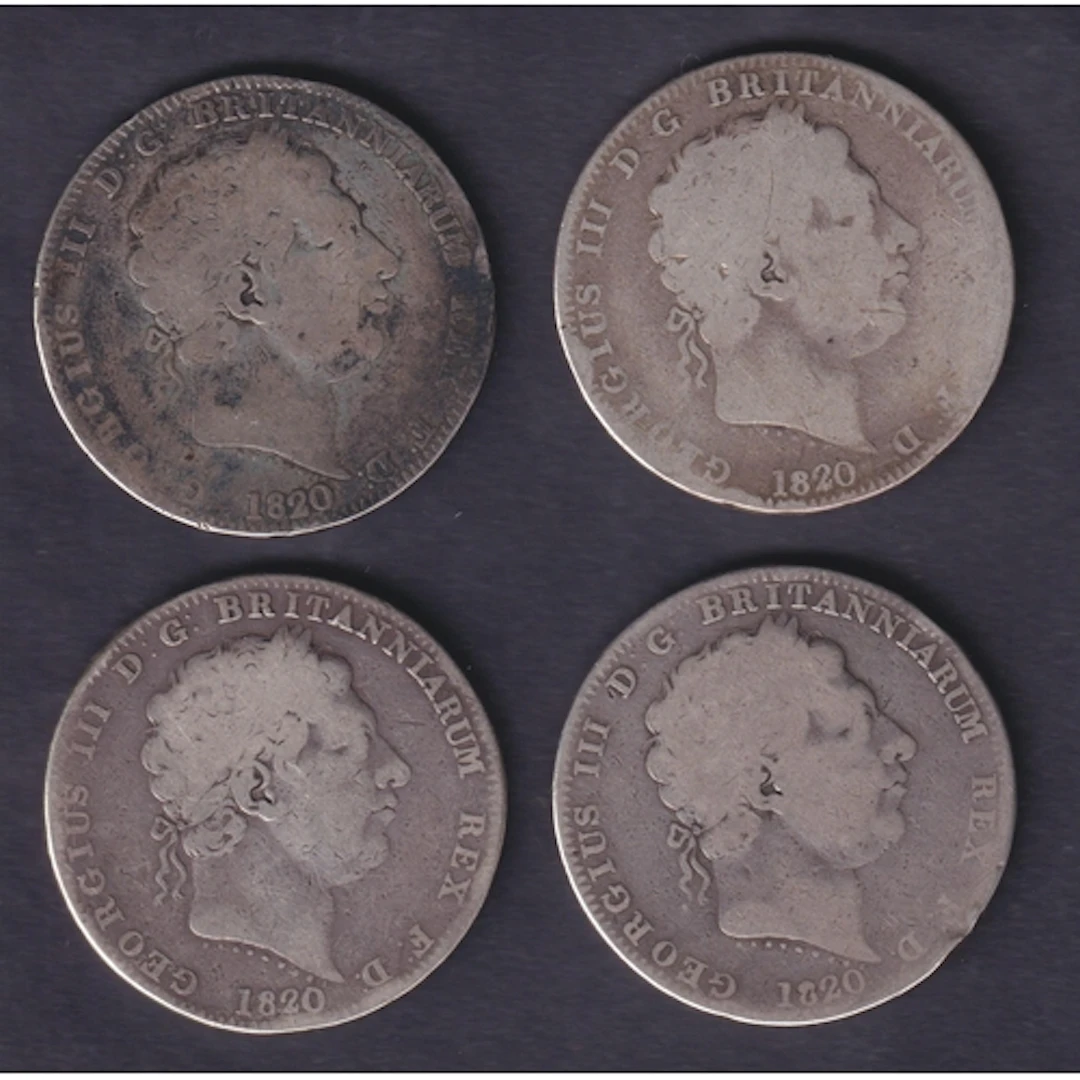 A group of four UK King George III 1820 Silver Crowns, Edge ...