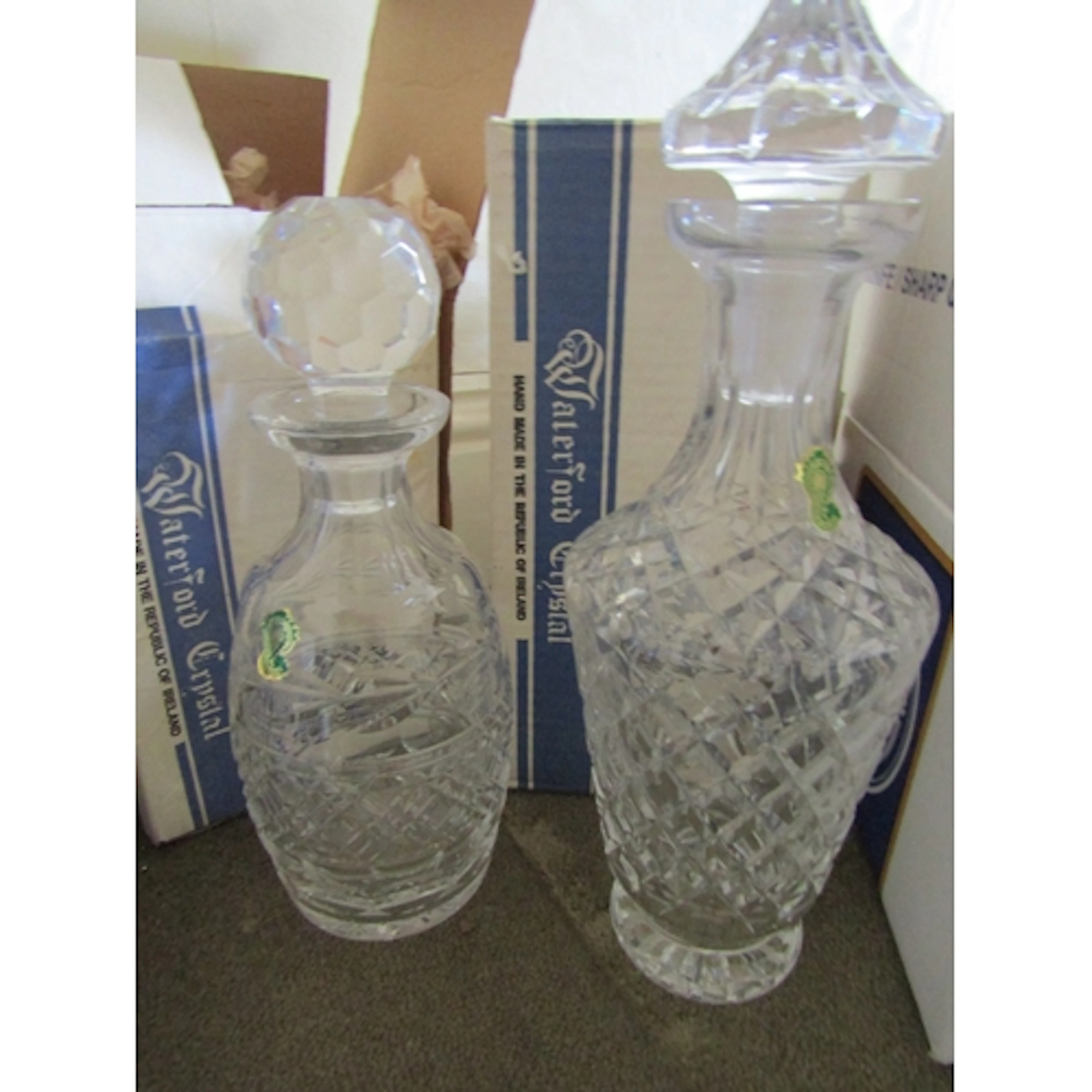 Two Waterford Cut Crystal Decanters with Original Stoppers a...
