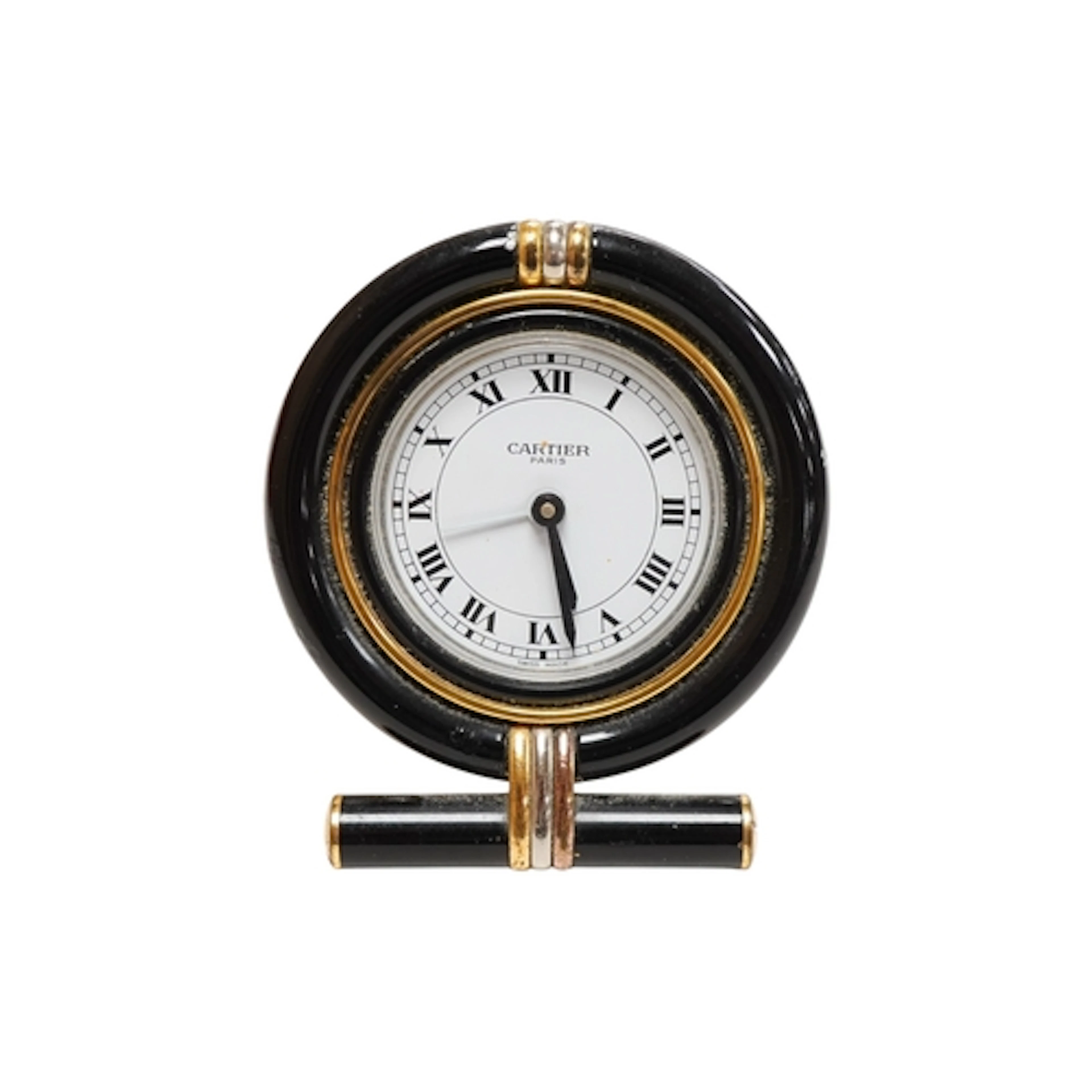 A boxed Must de Cartier desk clock, 7522, with case, 8cm hig...