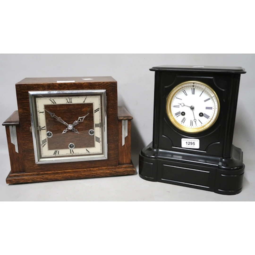 19th Century French black slate two train mantel clock, toge...
