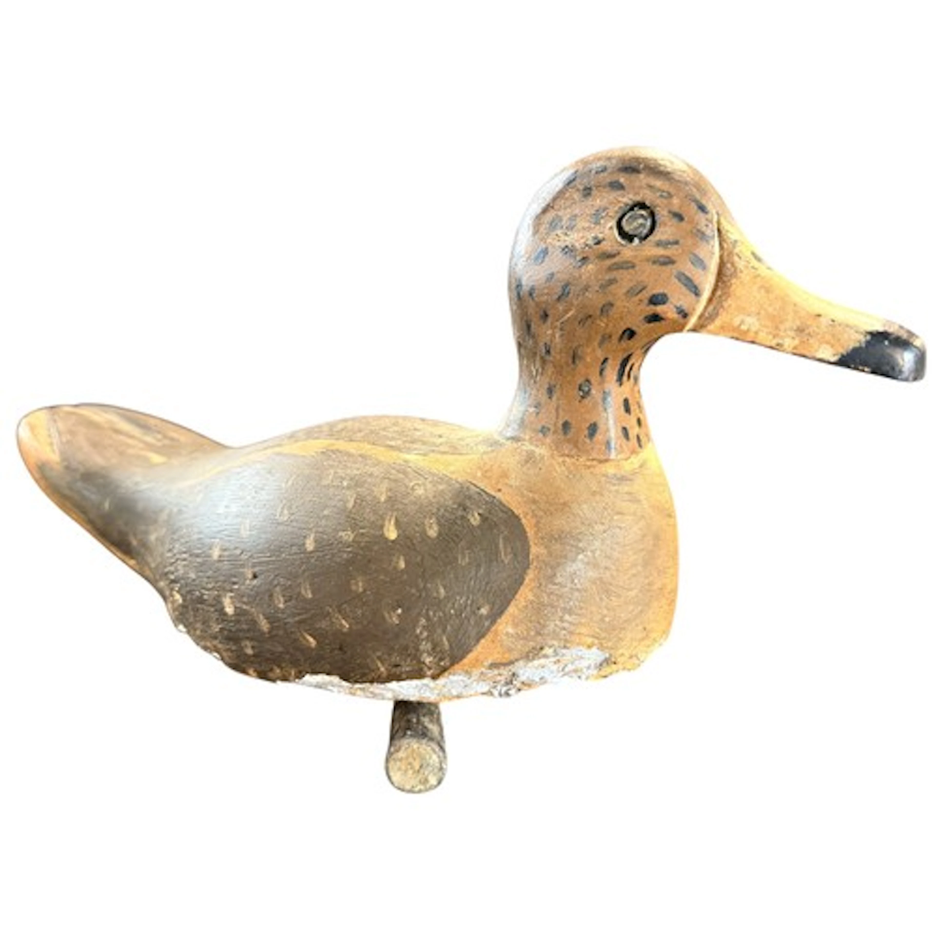An early 20th century carved and painted decoy duck with lea...