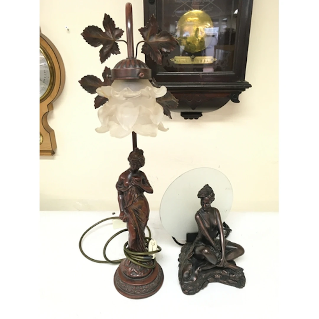 Two resin bronzed lady lamps ,25 and 55cm tall