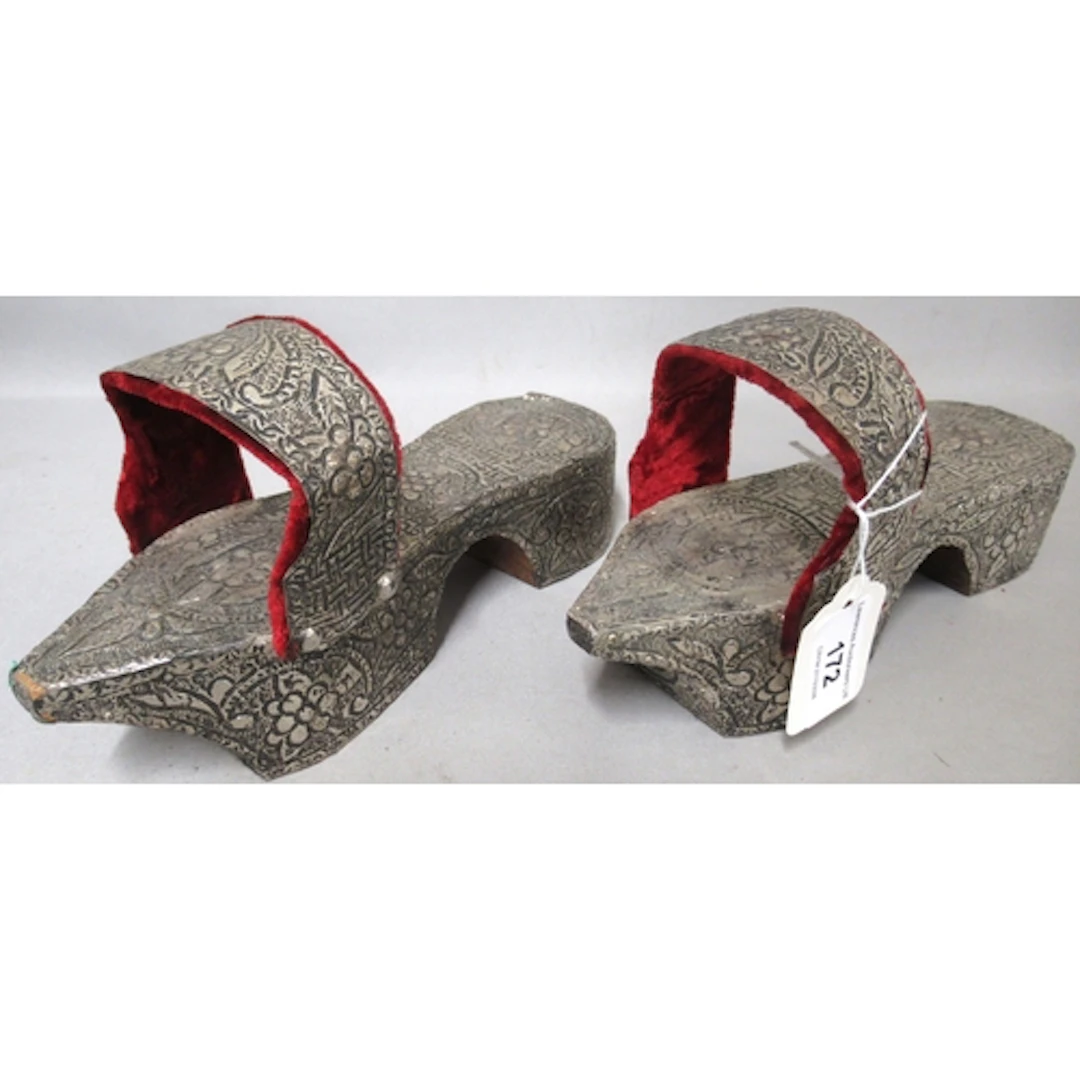 Pair of Turkish silver mounted wooden Bathhouse shoes