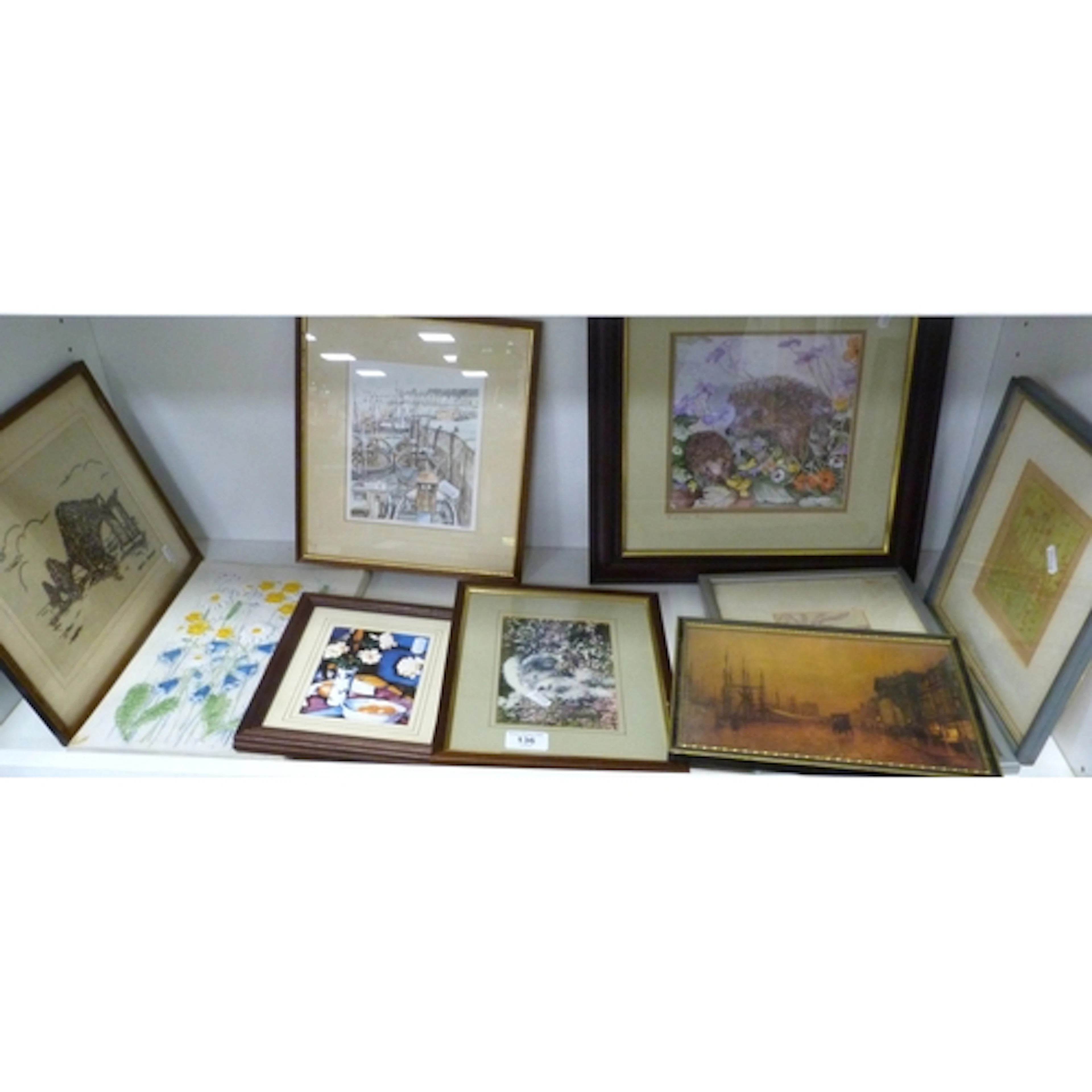 Shelf of pictures to include amateur artist examples and pri...