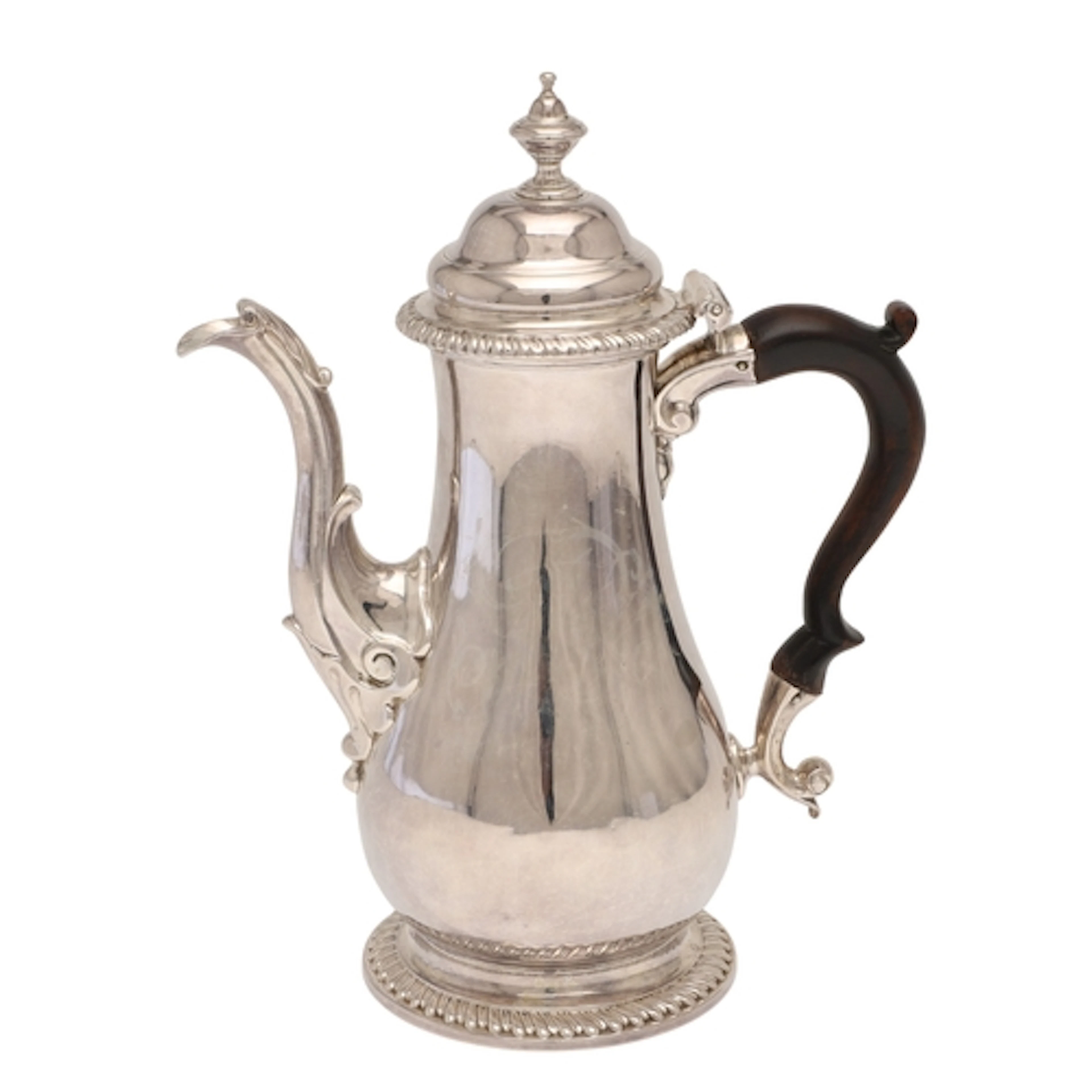 A GEORGE II SILVER COFFEE POT. Of baluster form, with gadroo...