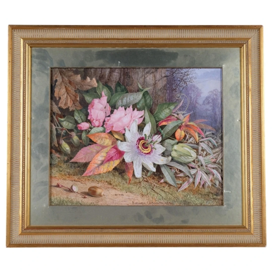 Charles R Smith, still life flowers on a mossy bank, paintin...