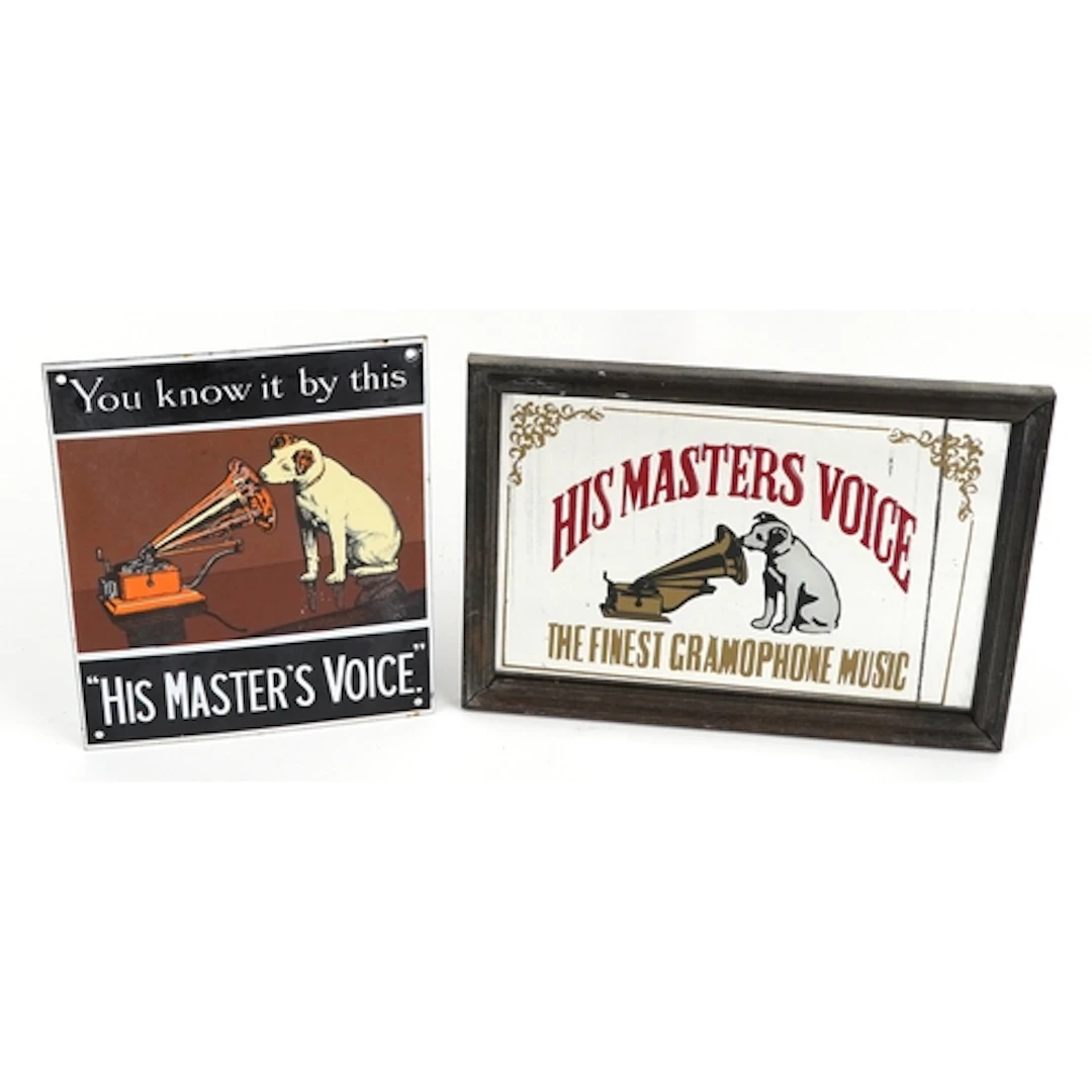 His Master's Voice enamel advertising sign and mirror, the l...