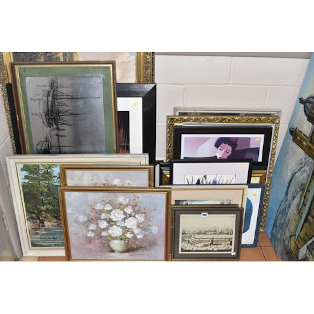 A QUANTITY OF PICTURES AND PRINTS ETC, to include an oil on ...