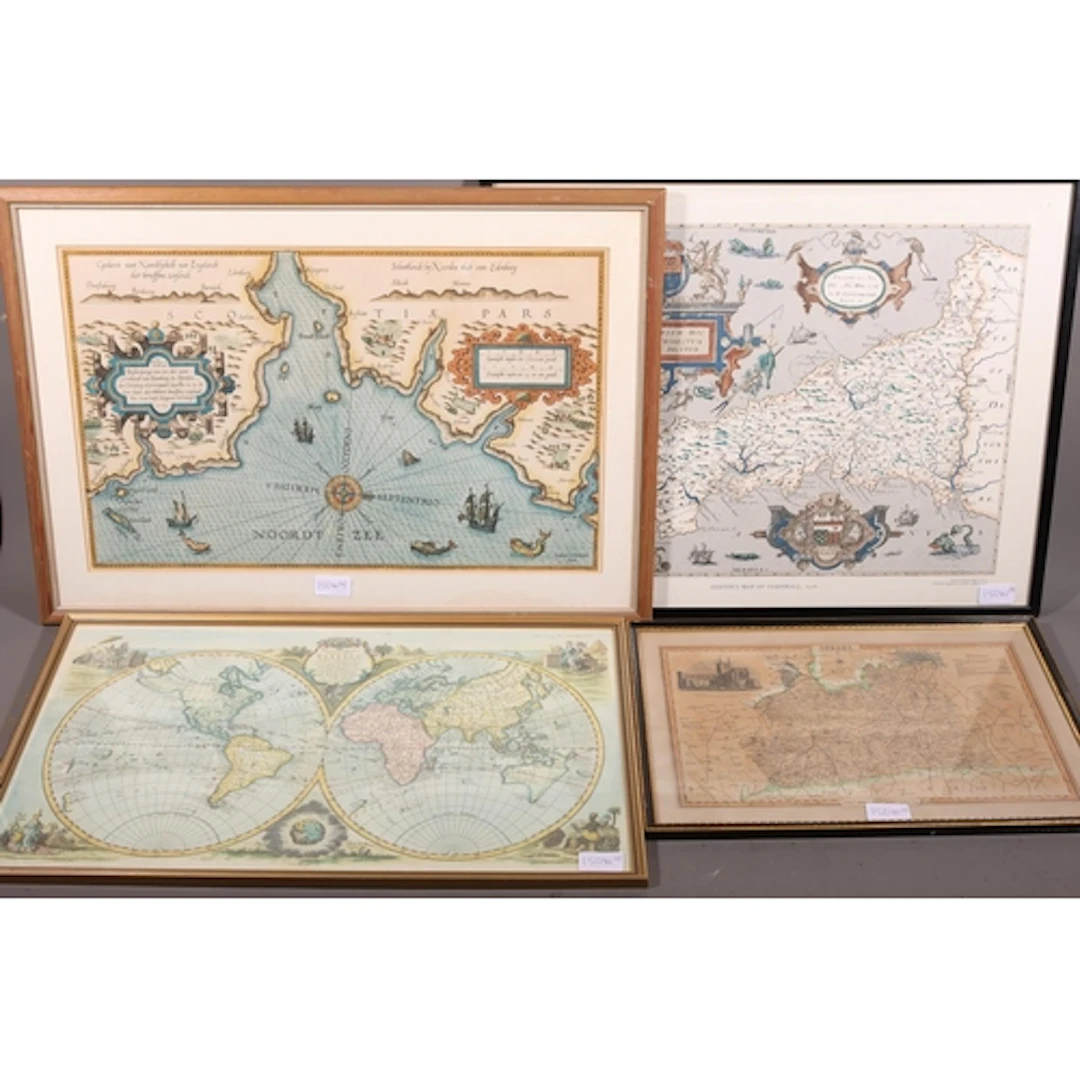 Four framed map prints to include Cornwall, Surrey etc. the ...