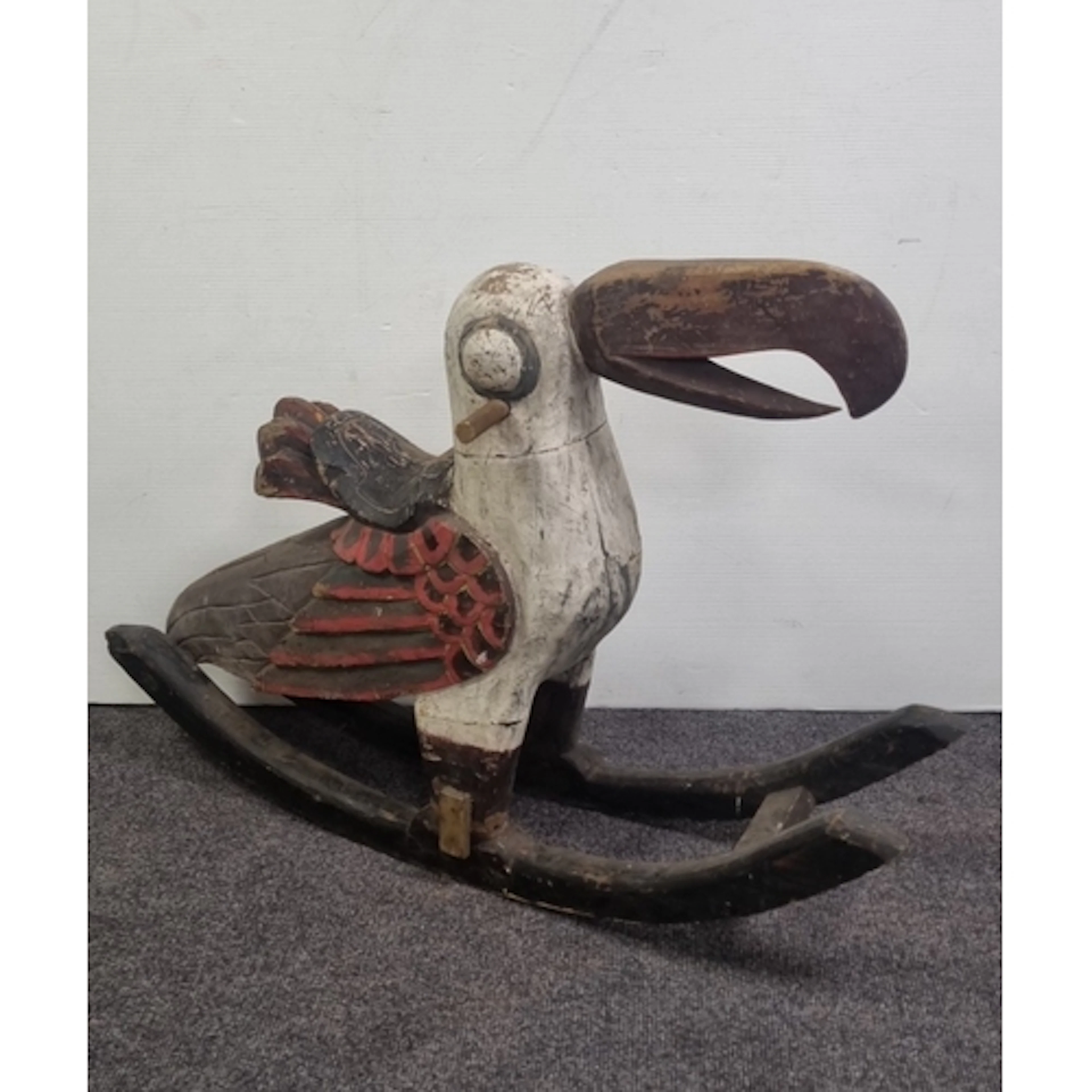Vintage painted wooden rocking toucan or bird toy H: 76cm x...