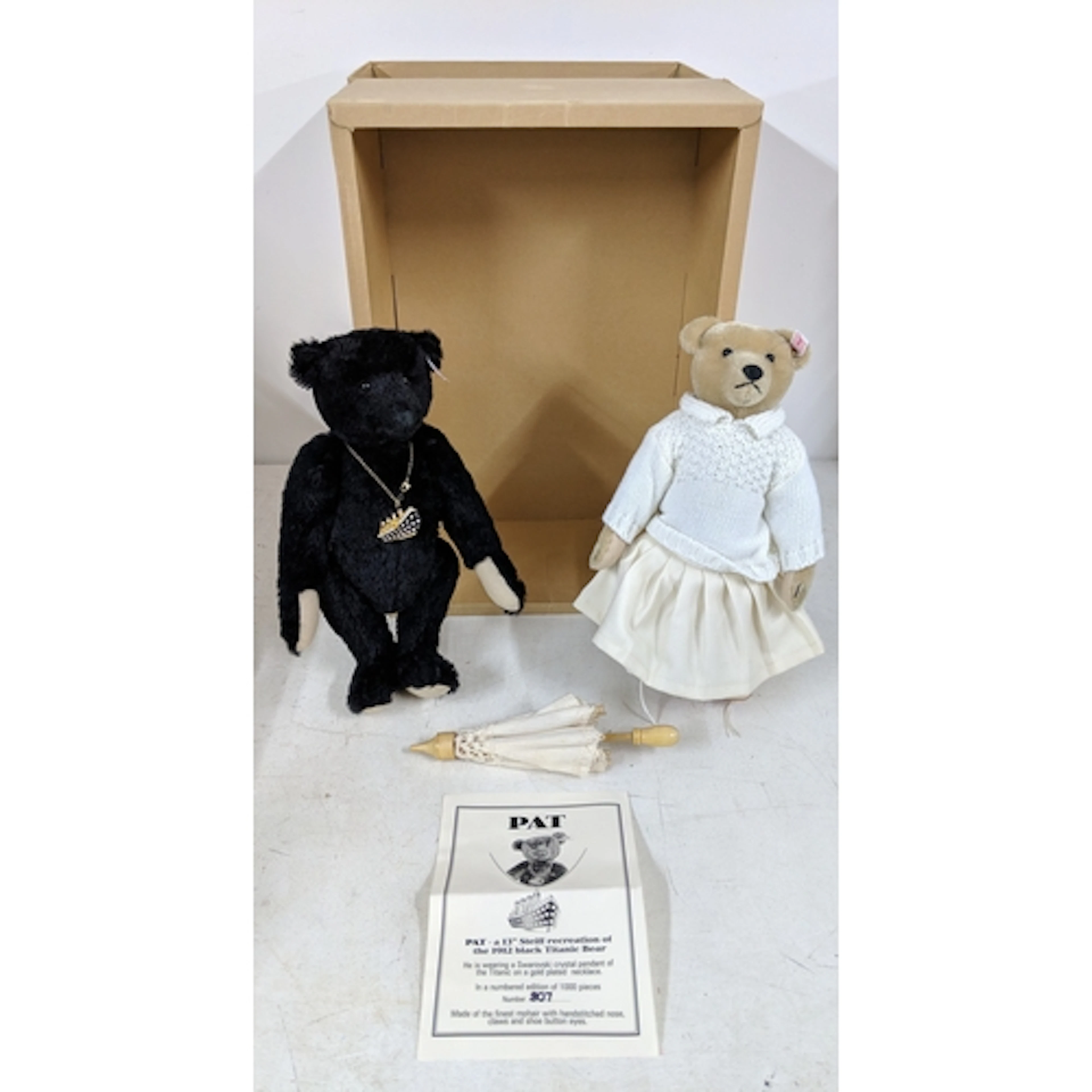 A boxed Steiff Pat and Nora Titanic teddy bears, along with ...