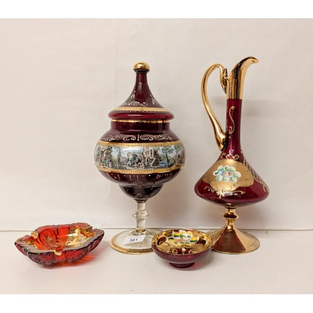 A Bohemian ruby glass and gilt overlaid decorated bonbon dis...